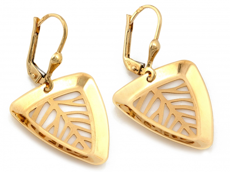 Zlaté náušnice 585, ažurové trojúhelníkové listy, design, velké, visící jako dárek