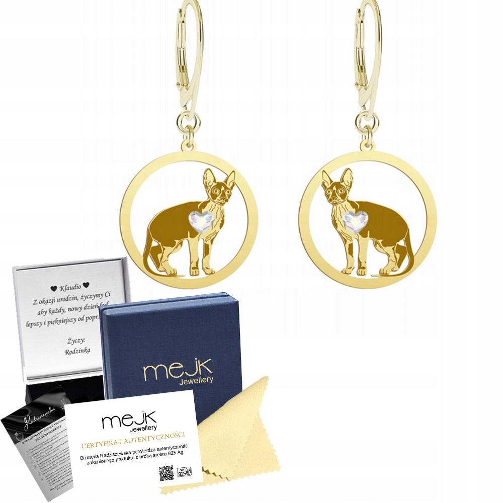 Náušnice Zlaté Kočka Cornish Rex 925 Dárek Žena Bigle Narozeniny Gravírování
