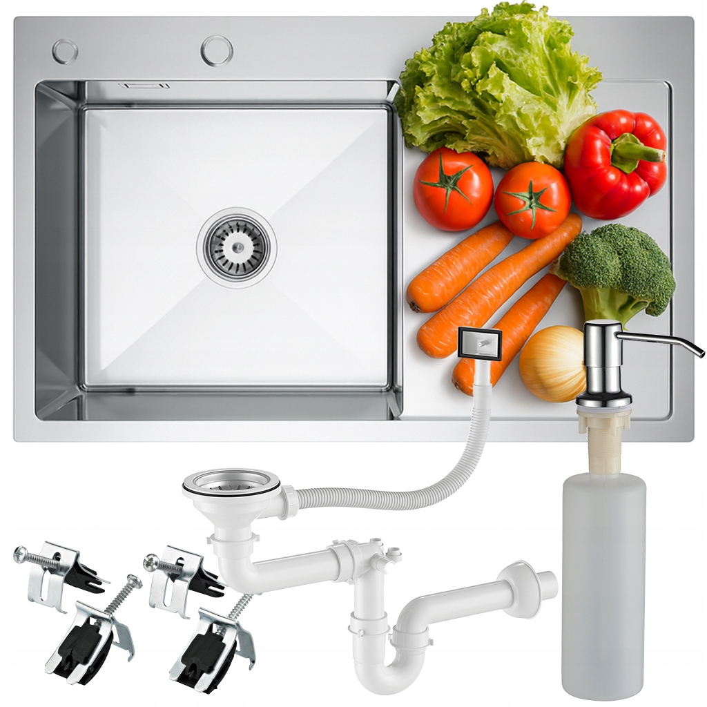 Zlewozmywak Kuchenny Zlew Jednokomorowy Ociekacz Dozownik Syfon 78x49 Inox