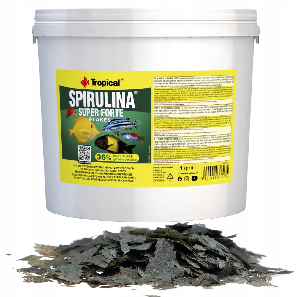Levně Tropical Spirulina Forte 36% Kbelík 5L/1kg Krmivo pro ryby Akvárium