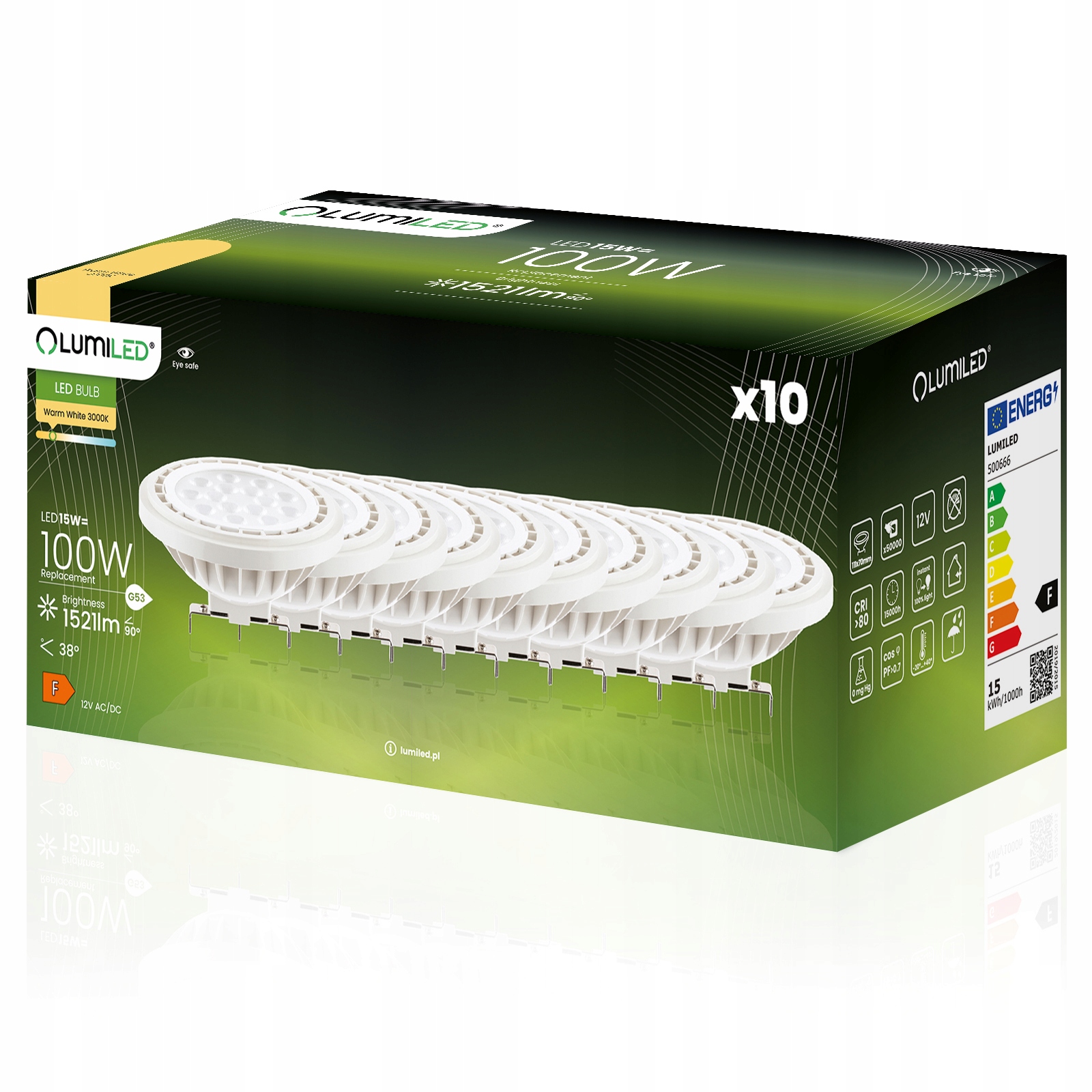 10x Led žiarovka G53 AR111 15W 100W 1521lm 3000K 38° 12V Lumiled