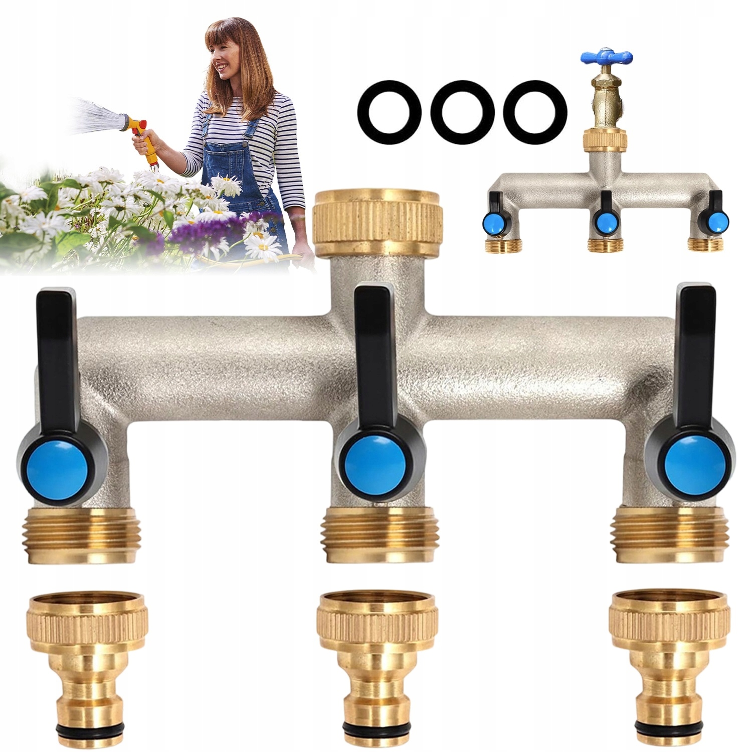 3-CESTNÝ Zahradní Rozdělovač Vody Na Kohoutek Pro Zahradní Hadici S Ventily