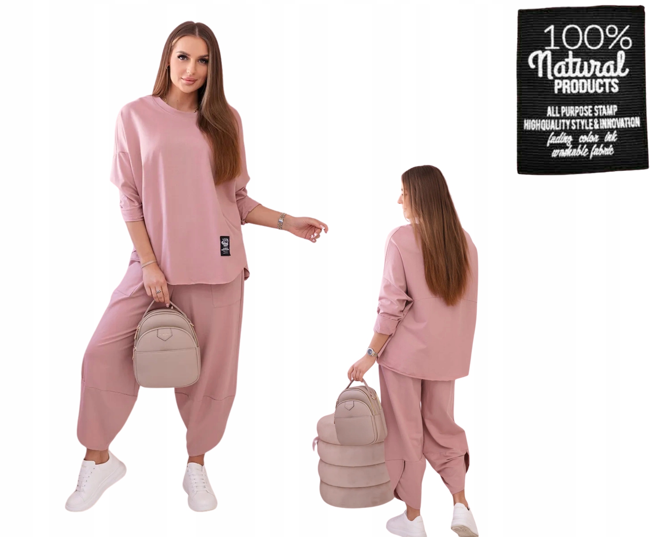 Ciemno różowy komplet bawełniany damski: bluza oversize i spodnie