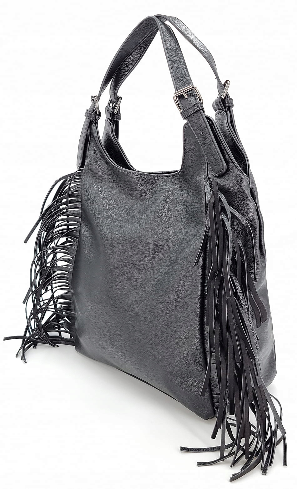 Czarny pojemny worek torebka damska z frędzlami Marka bez marki