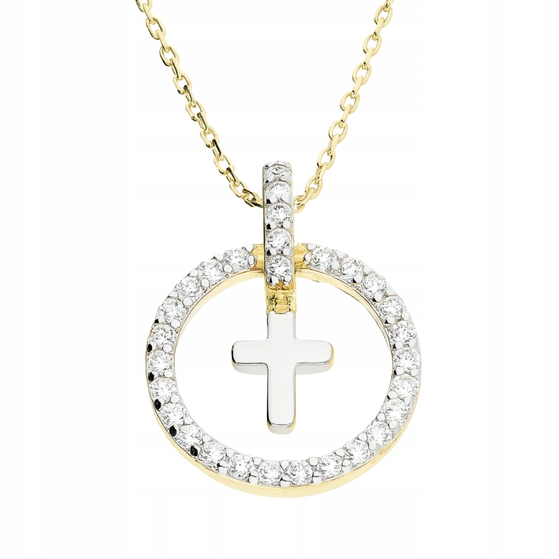 Zlatý náhrdelník 585 s křížem v kruhu zdobený bílými zirkony 14K 1.88 g
