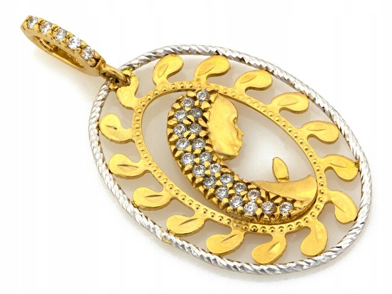 Zlatý medailonek Panna Maria 585 14k 1.87g se zirkony na řetízek