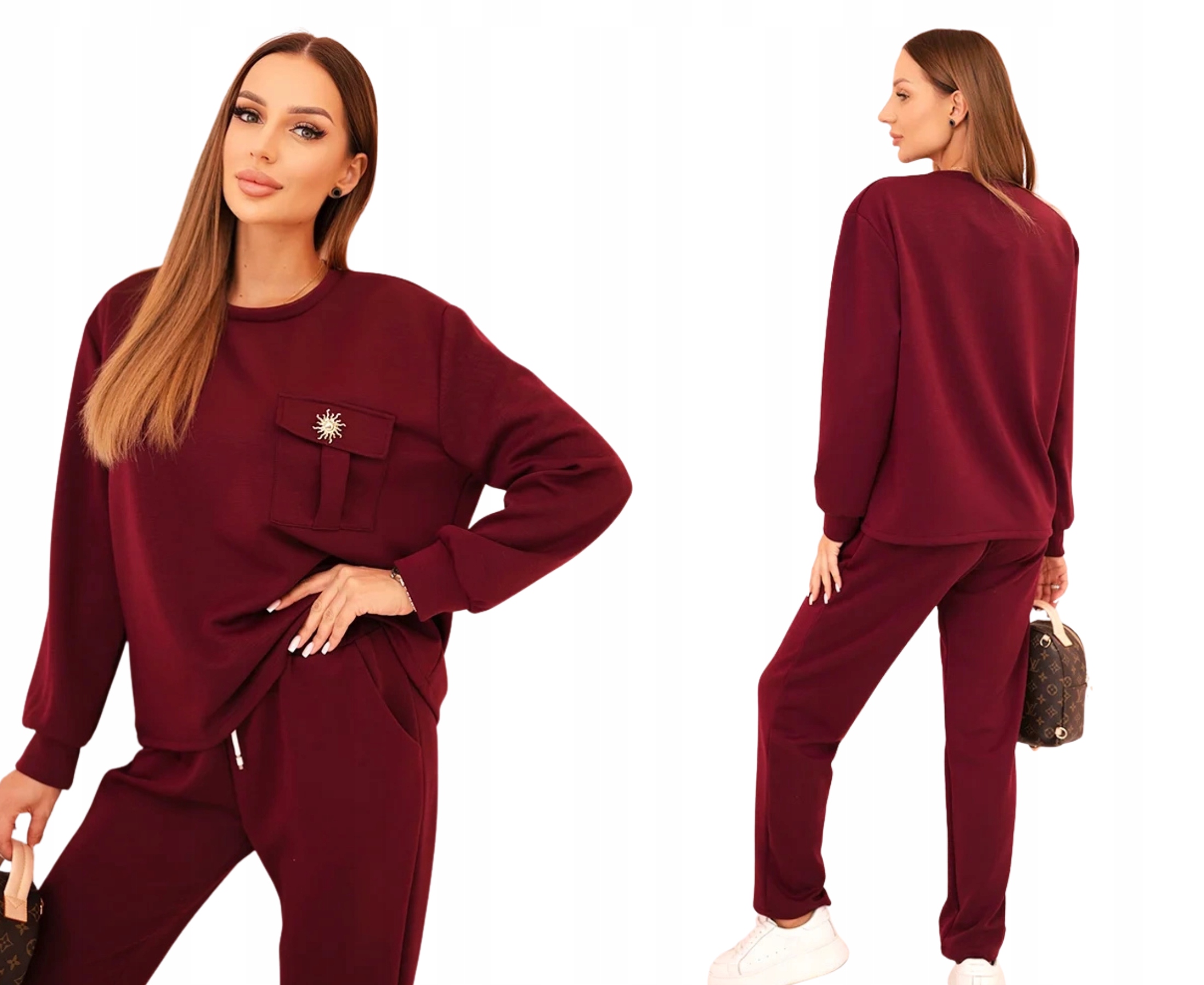 Švestkový tepláková souprava s ozdobnou kapsou a jednoduchými kalhotami