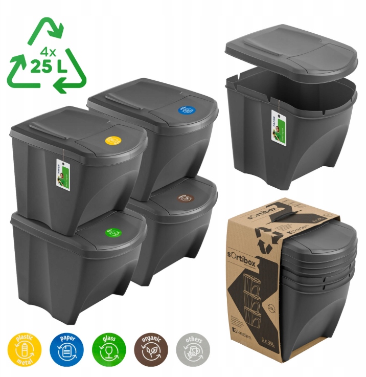 Levně Sada 4 Odpadkových Košů 4x25L Třídění Šedá