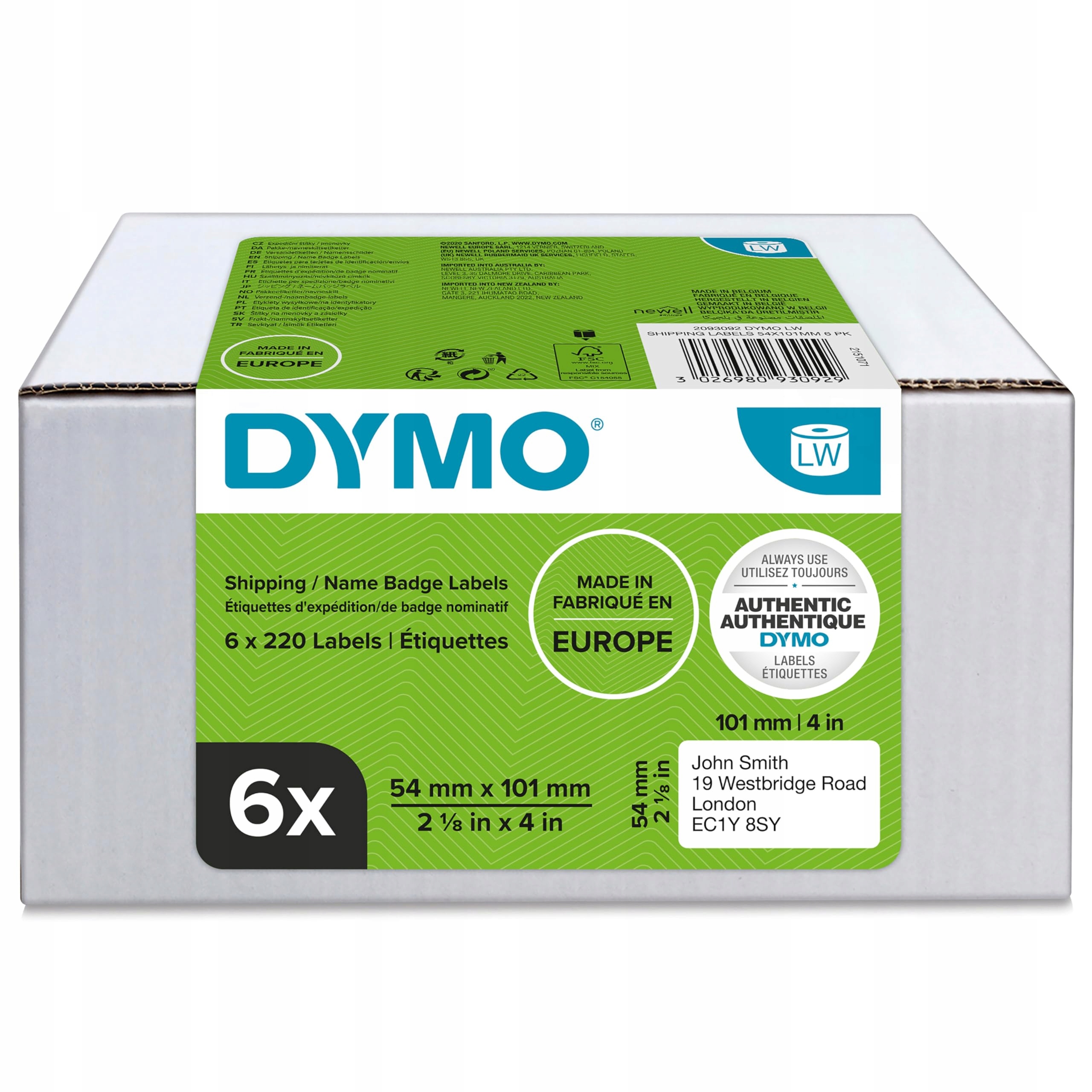 Dymo štítky LabelWriter 54 mm x 101 mm, 6 roliek po 220 etikiet
