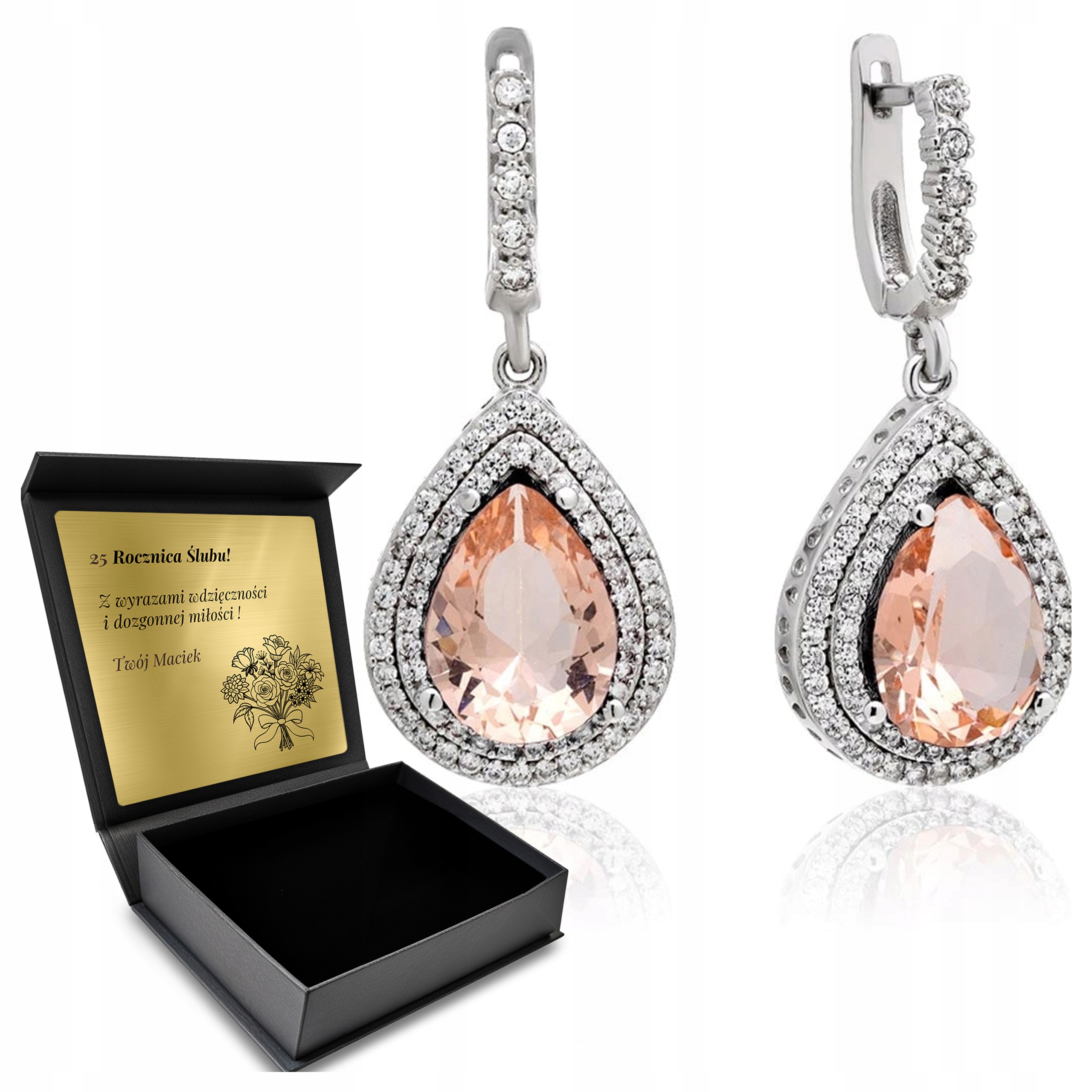 Stříbrné Náušnice 925 Zirkony Morganit Dárek pro ženu Gravírování