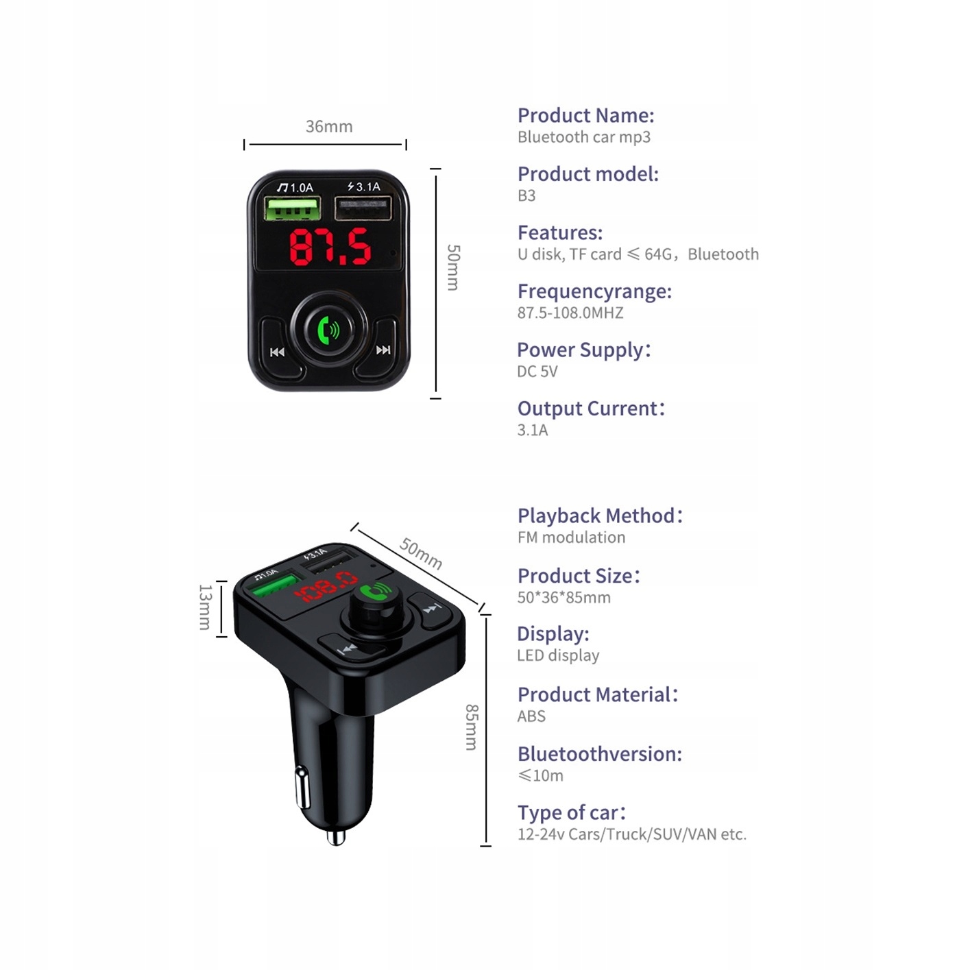 TRANSMITER BLUETOOTH AUDIO FM MP3 SD ŁADOWARKA 2xUSB Model 1610220100811