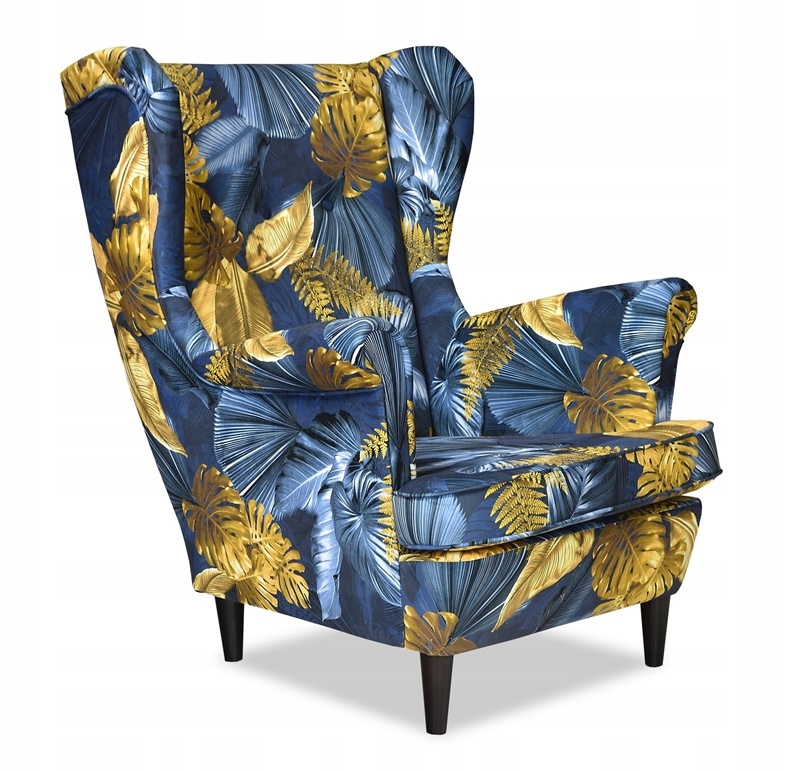 Fotel uszak ARI PRINT skandynawski Family Meble ZŁOTE LISCIE MONSTERY