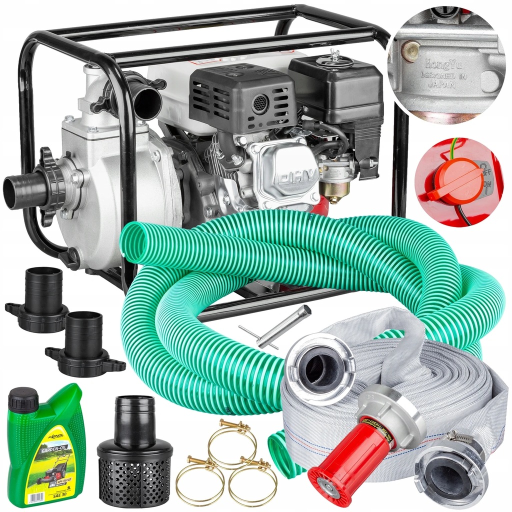 Pompa Wody Spalinowa Motopompa 2 Cale +węże Prądownica Zestaw Wydajna Moc