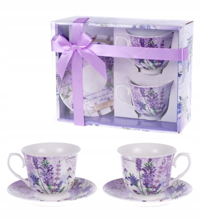 ZESTAW 2 FILIŻANEK `KLASYCZNE FILIŻANKI ZE SPODKAMI + PUDEŁKO `LAWENDA GOLD