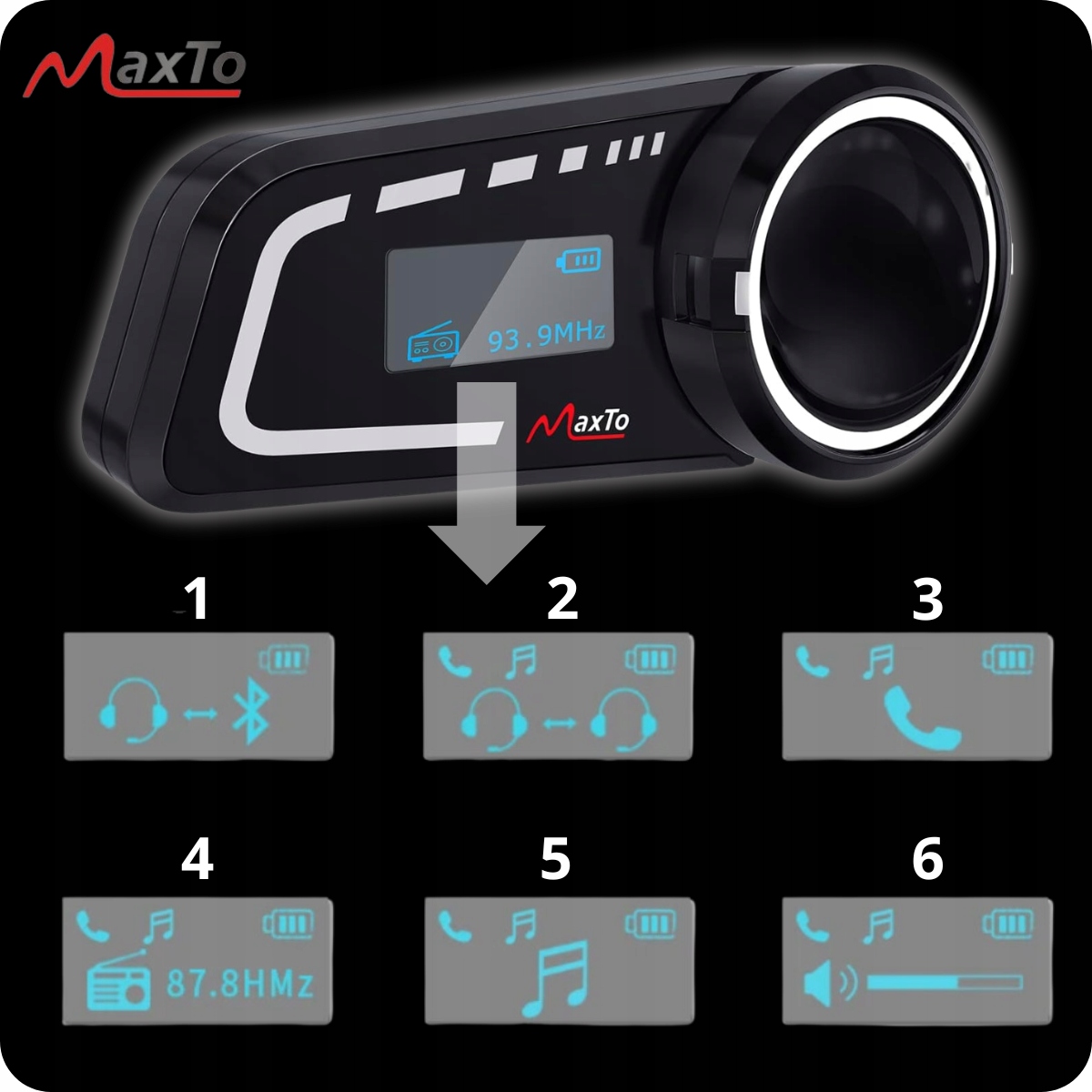 INTERKOM MOTOCYKLWY BLUETOOTH MaxTo M2C+LCD+ KONFERENCJA DO 6+POLSKI LEKTOR Maksymalny czas czuwania 320 h