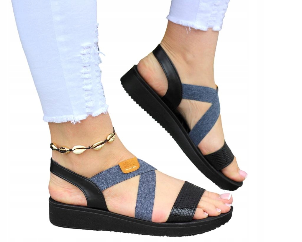 

Lekkie Sandałki Na Niskiej Koturnie Na Gumki