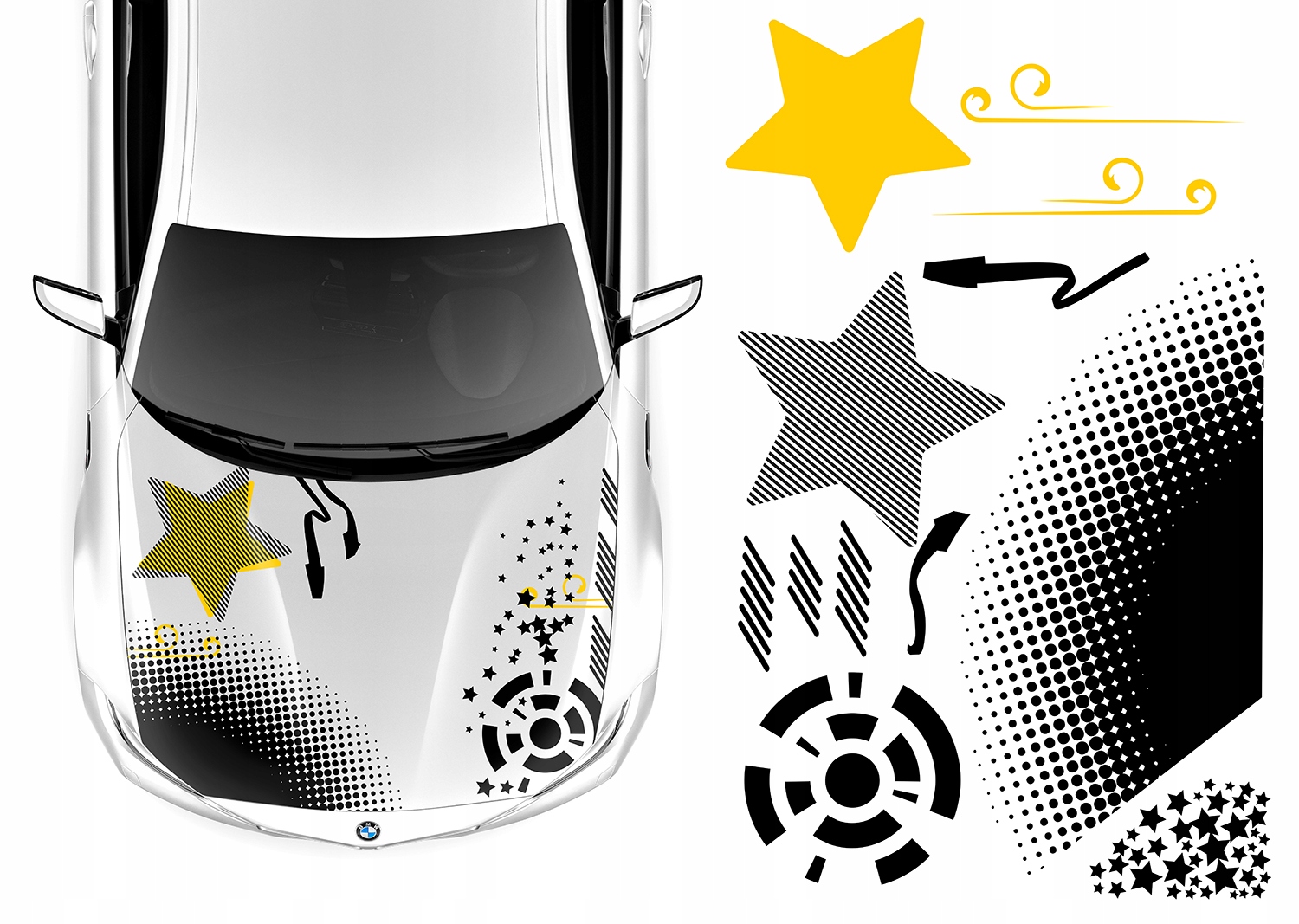 Samolepka Grafika na auto Masku Motiv Hvězdy Stars Tečky Linky 93x166