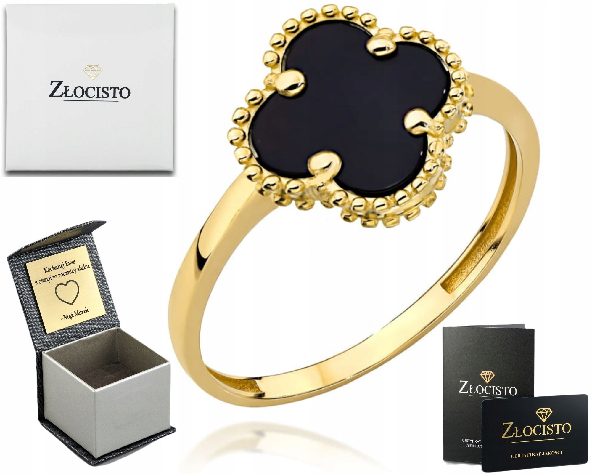 Zlatý Prstýnek S Černým Čtyřlístek Pro Štěstí Gravírování Dárek , Zlato 585