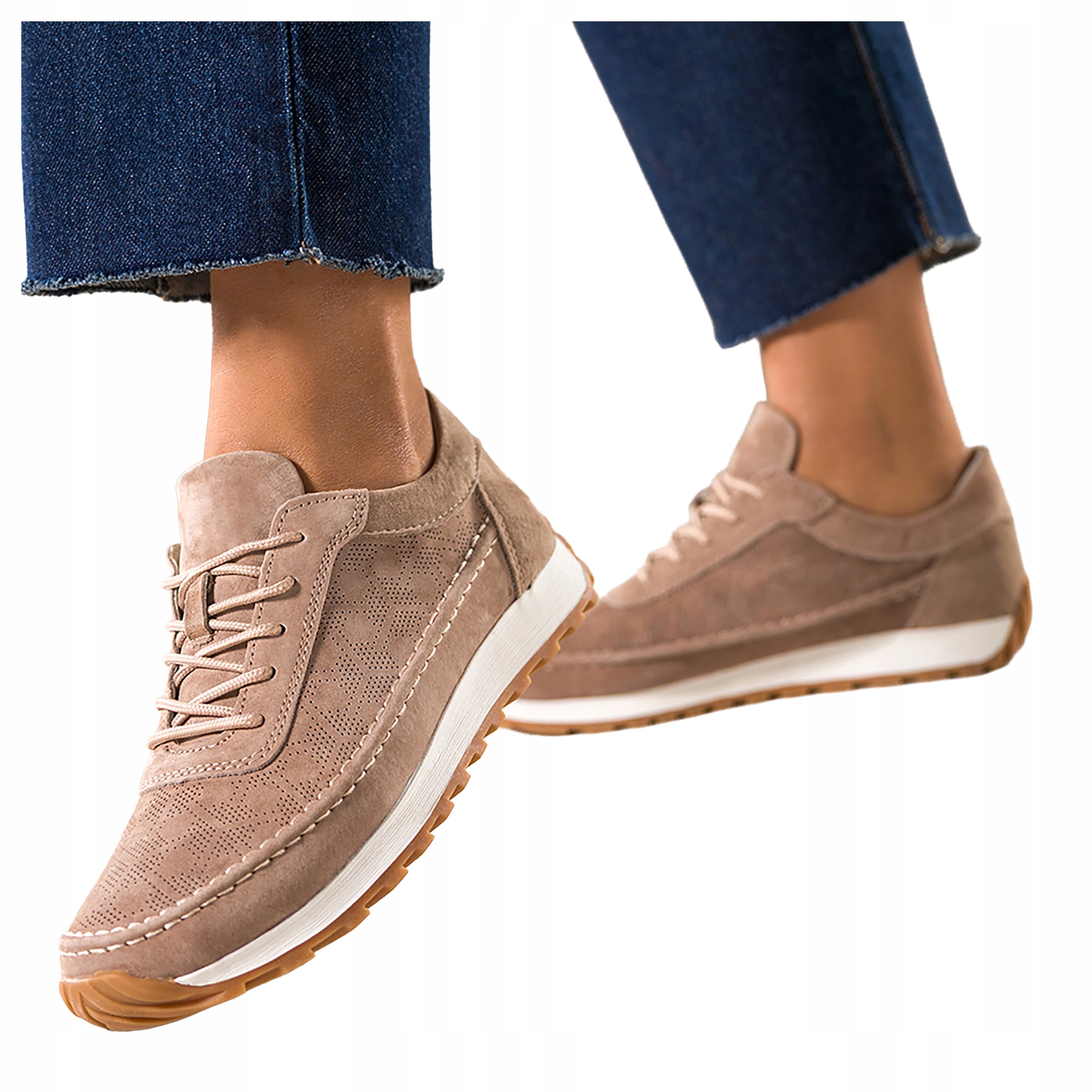 Ciemnobeżowe Pólbuty Damskie Sznurowane Sneakersy Ażurowe Skórzane r 40