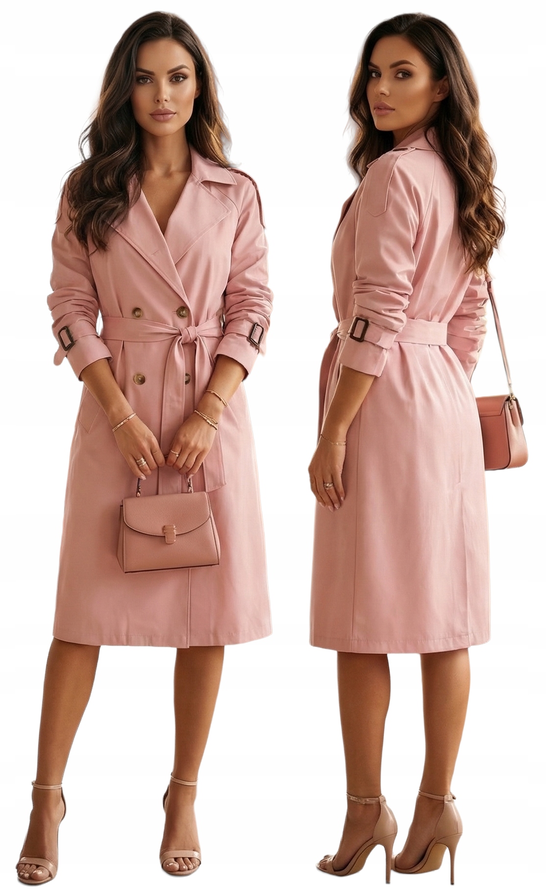 Różowy Płaszcz Damski Trencz Lamiar Lekki Wiązany Klasyczny Bez Podszewki