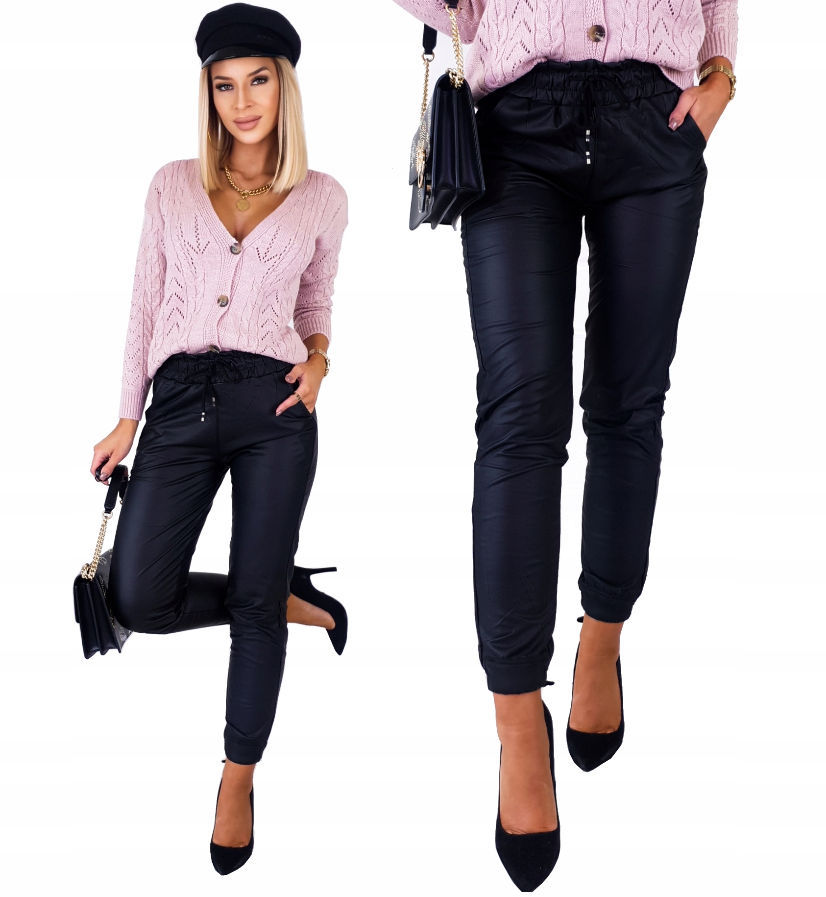 

Kobiece Spodnie Skórzane Joggery Eko Skóra Black