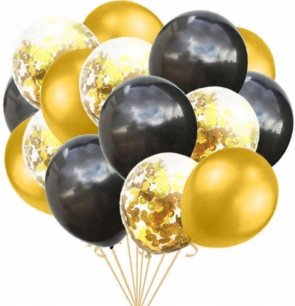 

Balony Czarne z konfetti Złote urodziny ślub 15szt