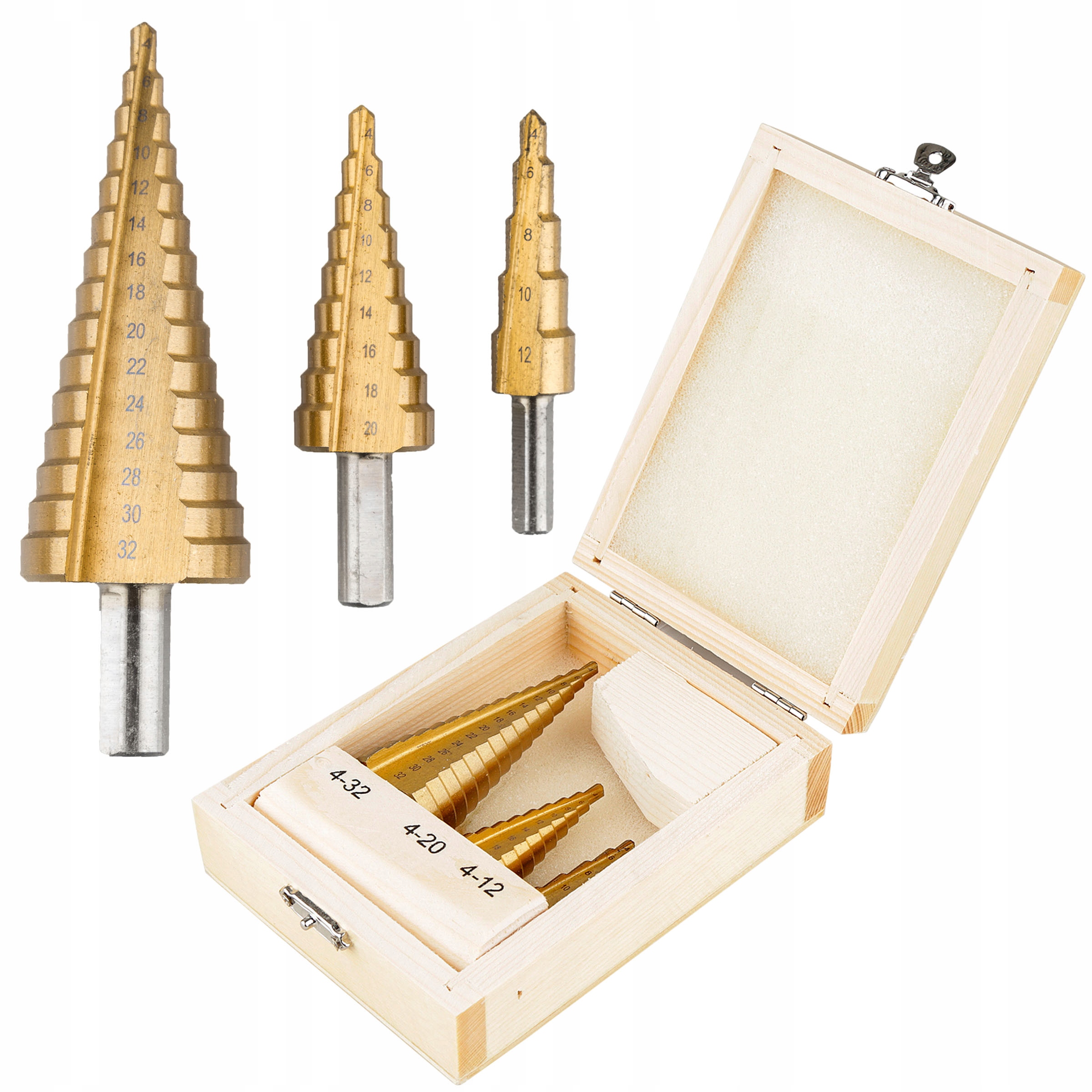 WIERTŁA STOŻKOWE STOPNIOWE DO METALU 4-32MM 3 SZT