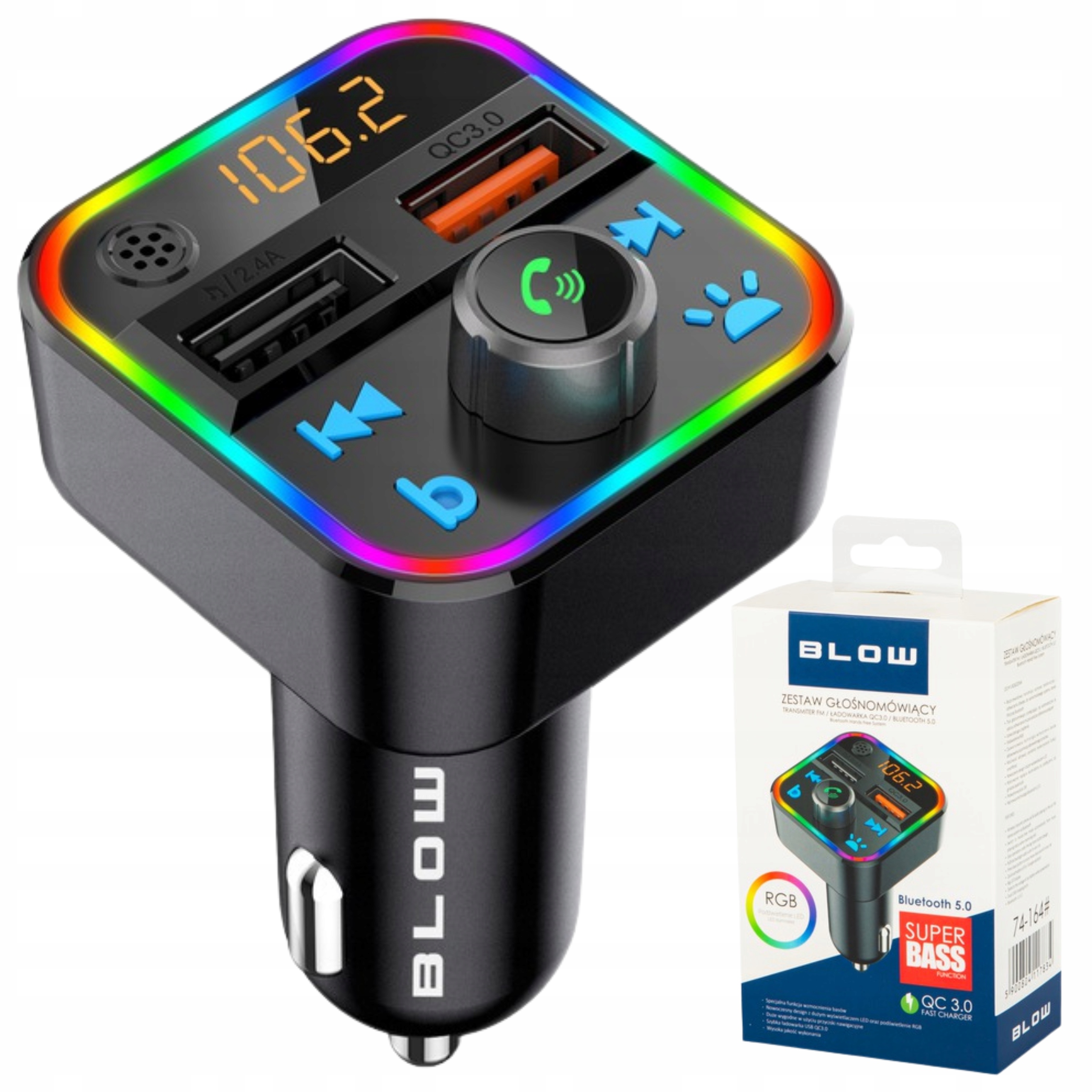 Fm vysielač Fast Usb Nabíjačka Qc Rgb Bluetooth