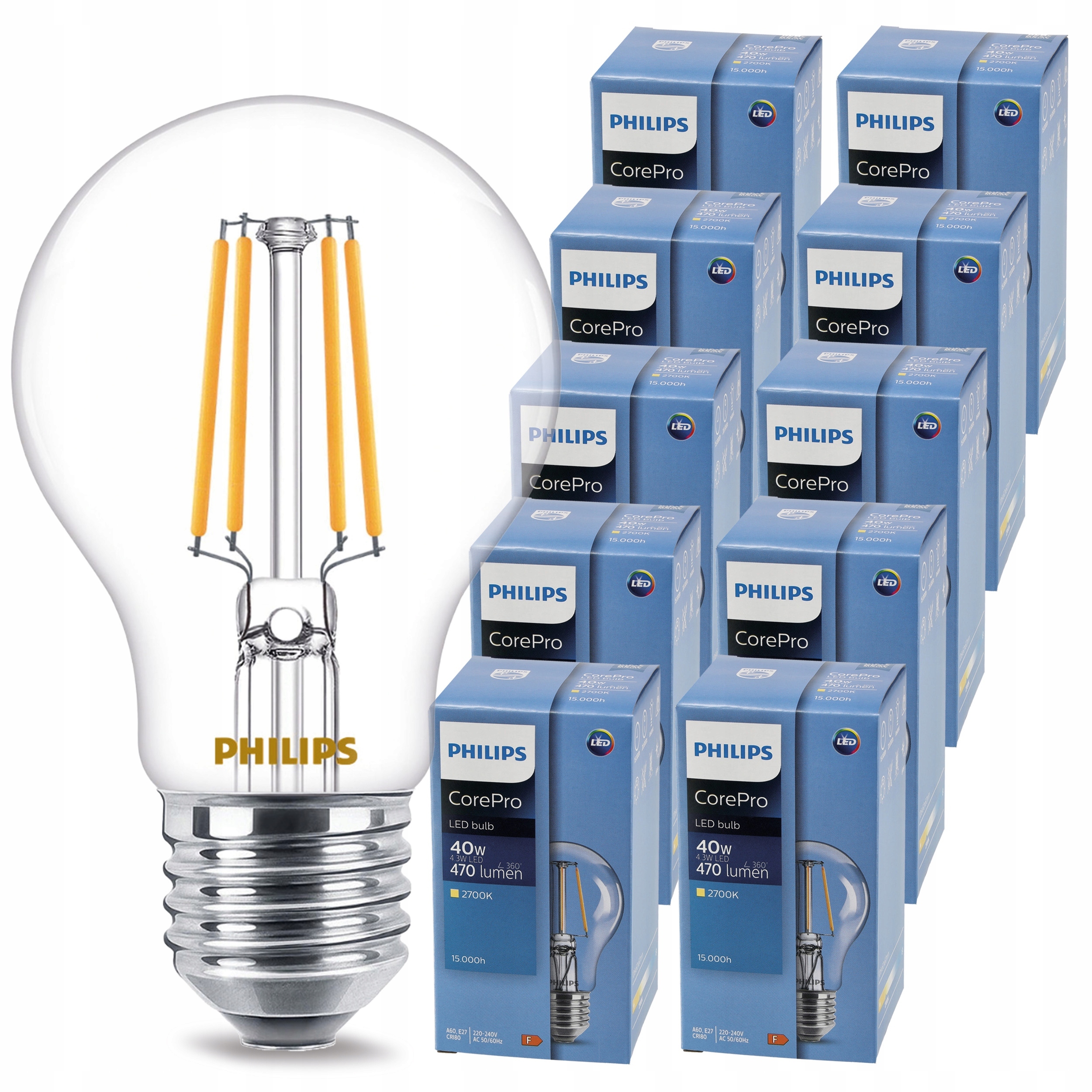 10x Led žárovka E27 Filament Philips 7W – teplá barva 2700K CorePro