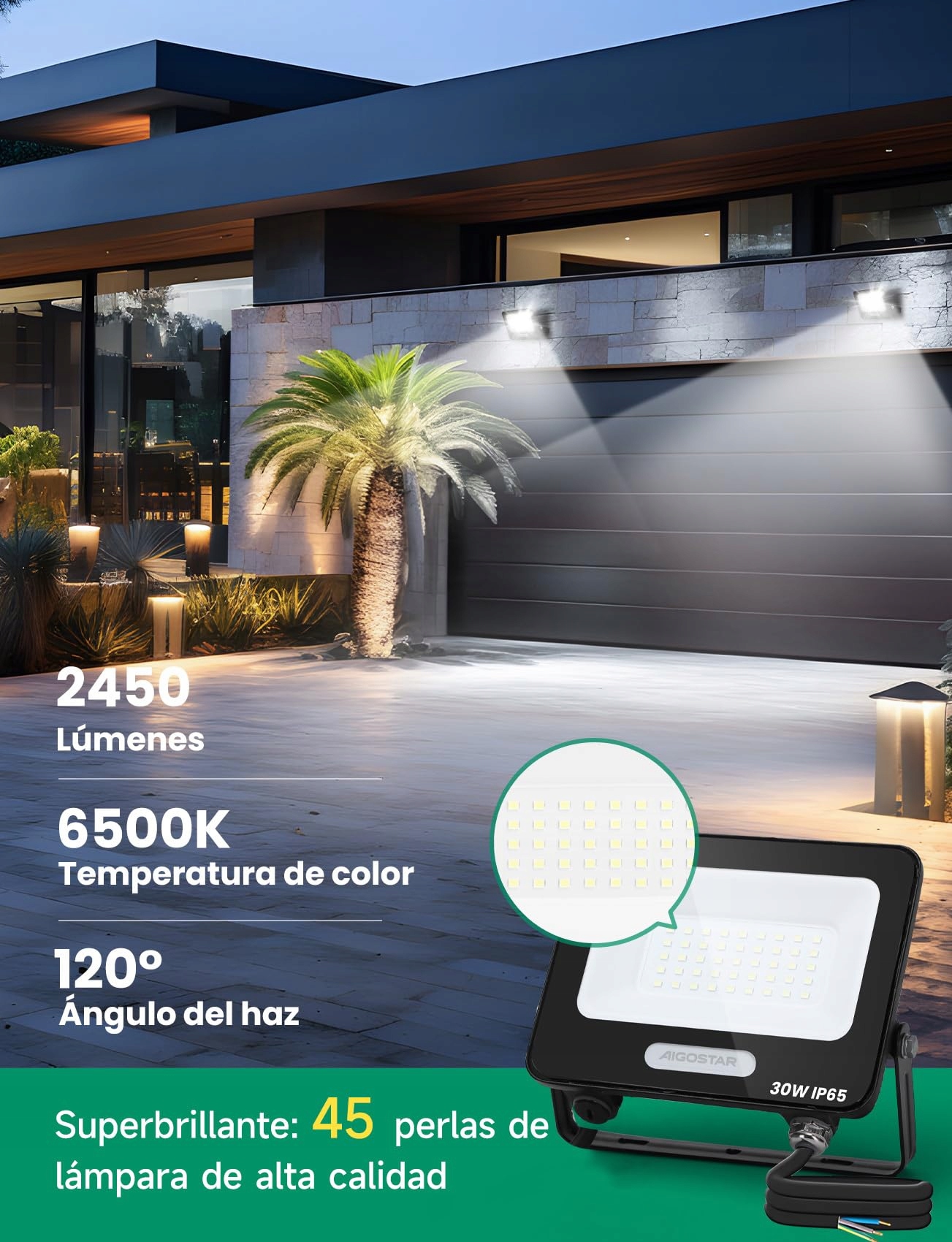Naświetlacz LED 30W 2450lm 6500K IP65 Ogród Garaż Zimna Biel AIGOSTAR — miniatura 2
