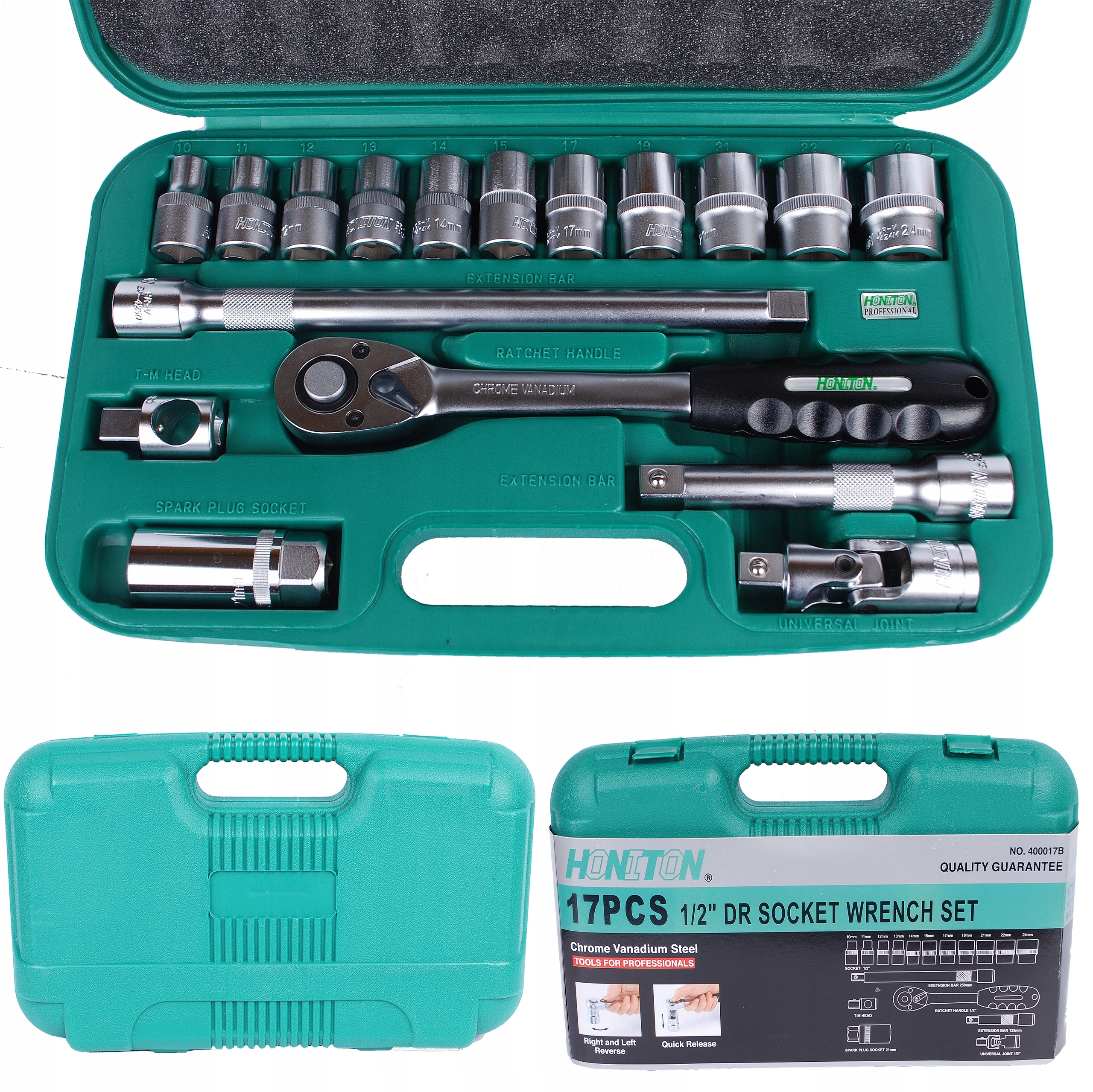 Zestaw Narzędzi Kluczy 1/2" 17el Nasadki 6-kąt 10-24mm Honiton H4017