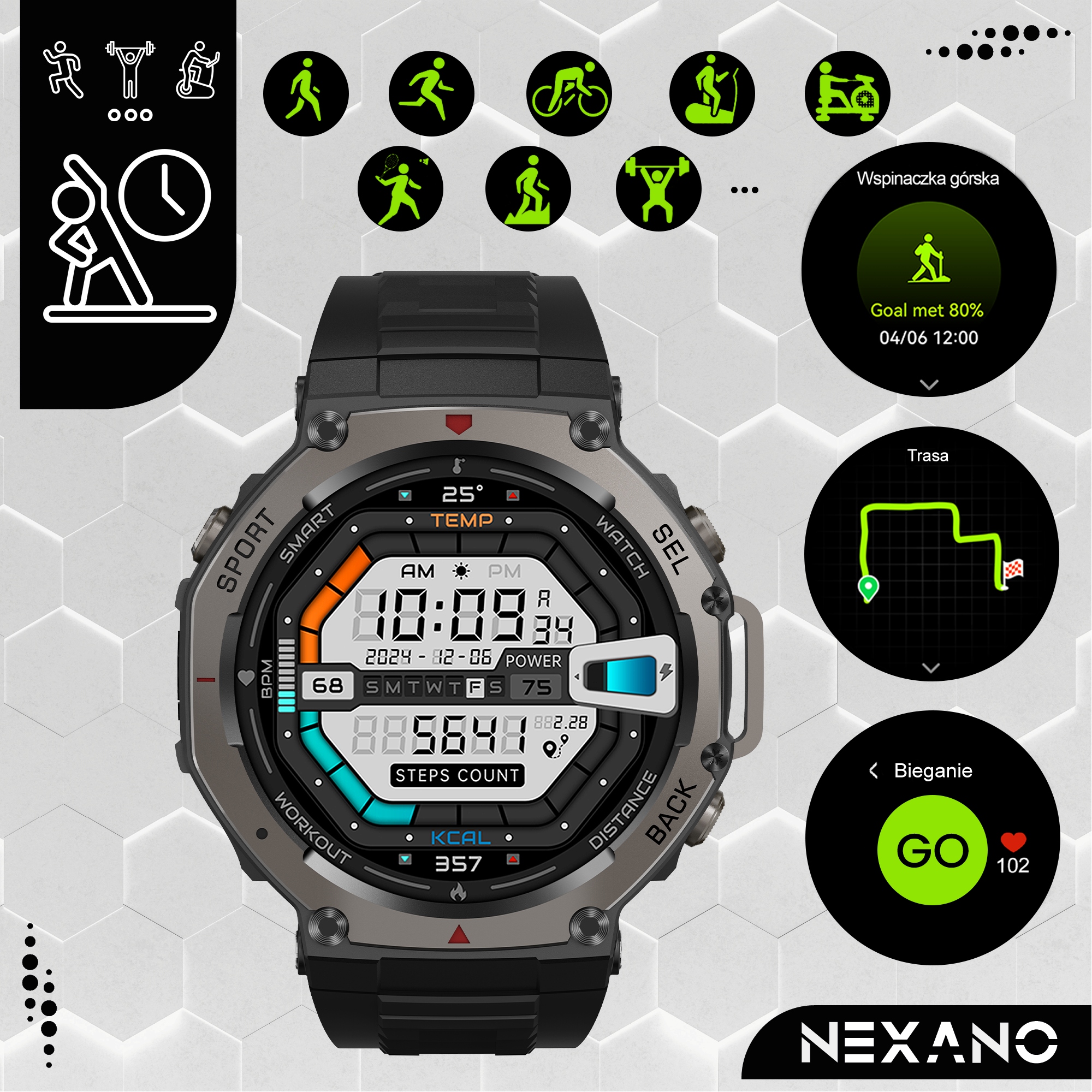 SMARTWATCH MĘSKI GPS ZEGAREK MENU POLSKIE ROZMOWY ZDROWIE SMART WATCH SPORT Marka Nexano