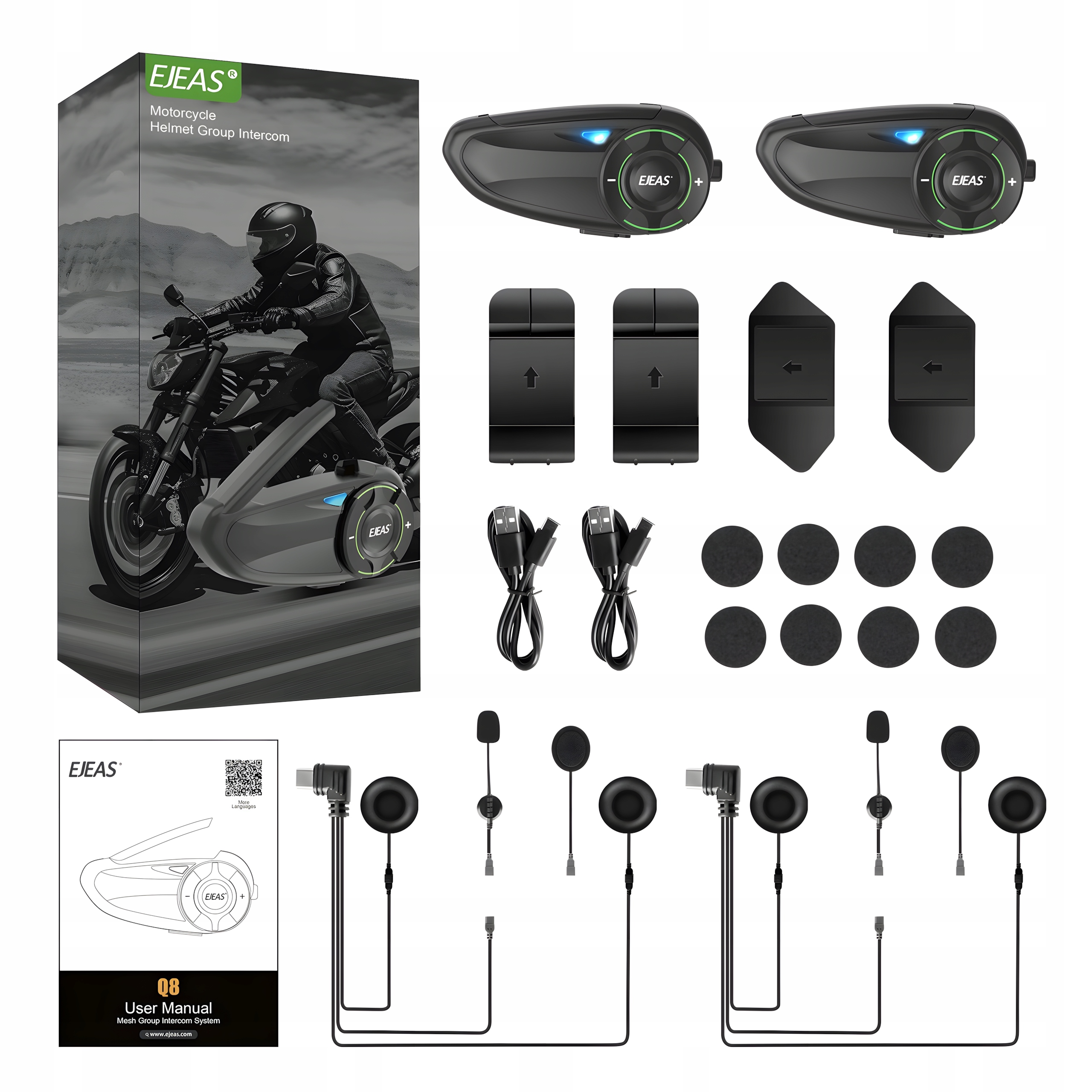 Sada 2x Ejeas Q8 Motocyklový Interkom Do 1000M Max 6 Osôb BT5.1 Aplikácia