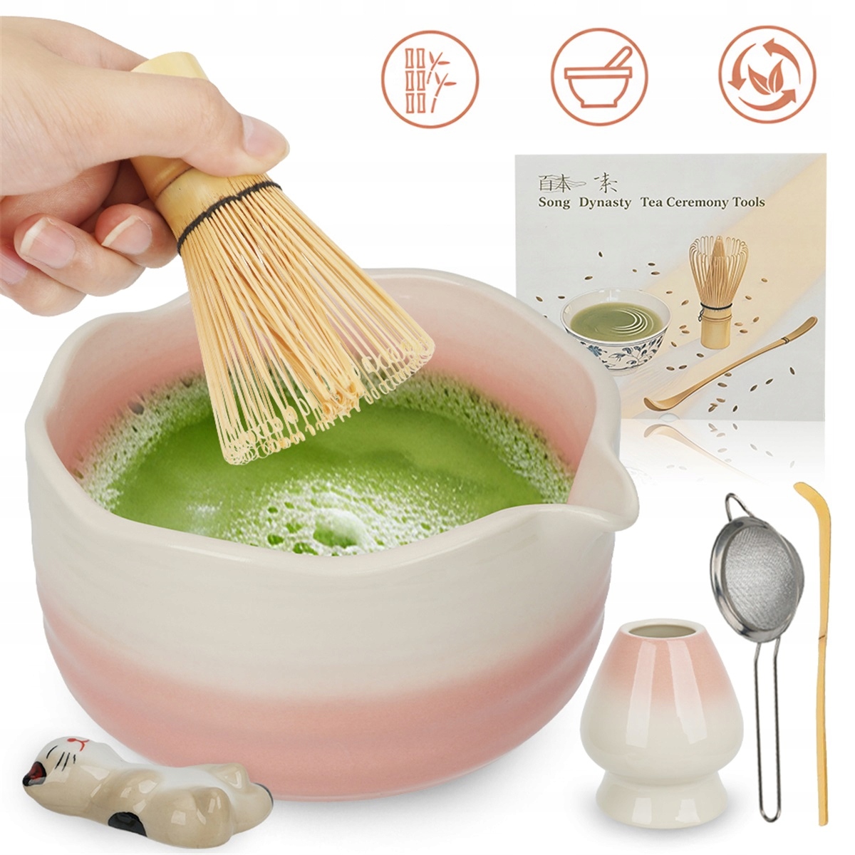Różowy Zestaw Do Matcha Ceramiczny Z Kotem Stojakiem Na Łyżkę