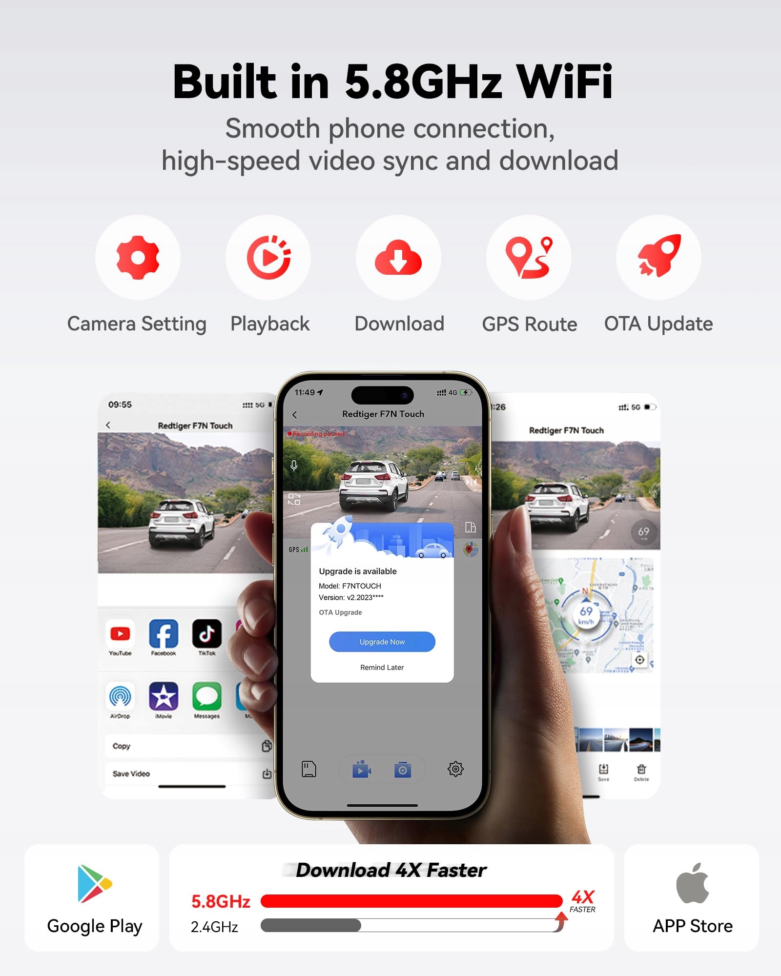 REDTIGER 4K Kamera Samochodowa Przód Tył Dotykowy Ekran GPS WiFi 128GB — miniatura 5