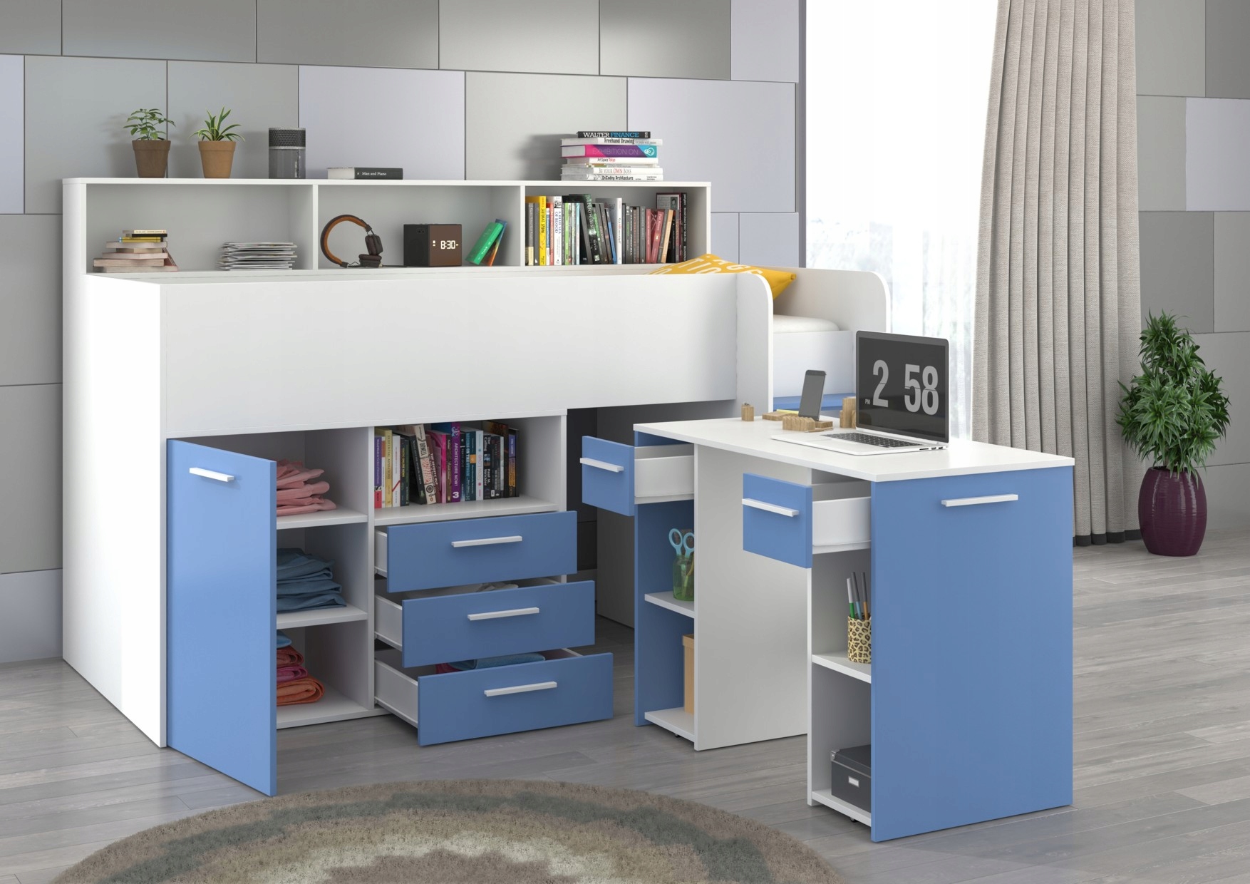 Łóżko piętrowe dziecięce młodzieżowe z biurkiem antresola ENO P biały błęki