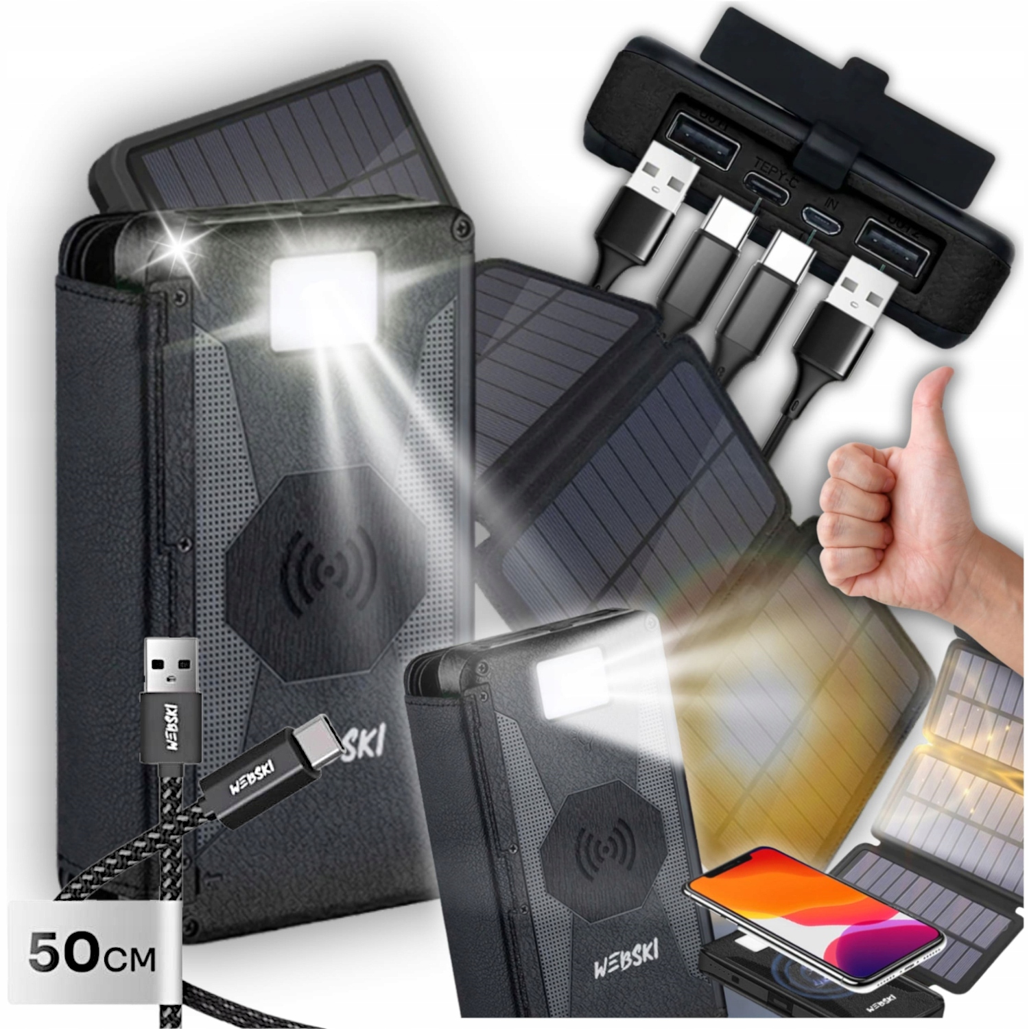 Solární Powerbanka 20000 mAh Bezdrátová Indukční Nabíječka Usb Kabel