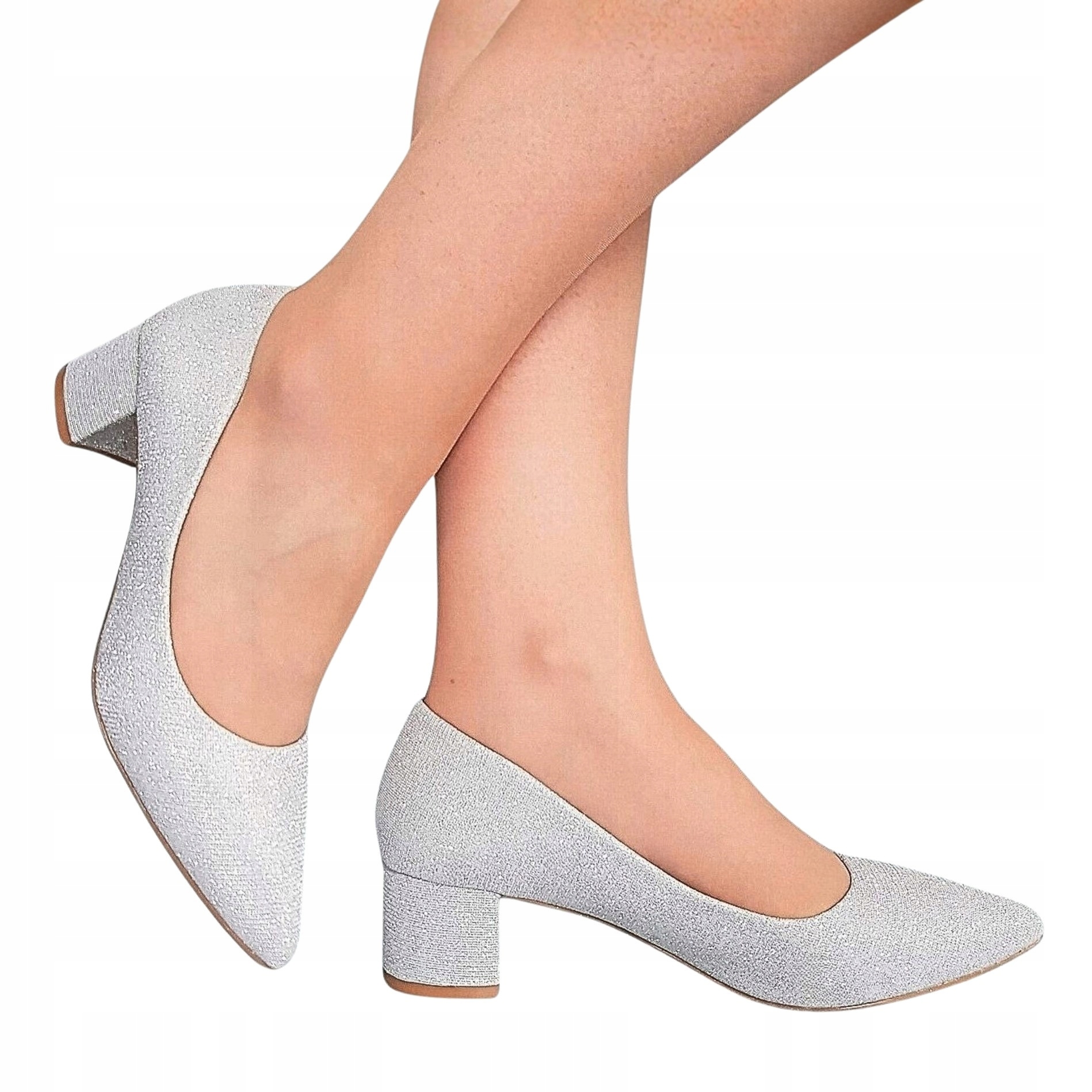 Srebrne Buty Czółenka Niski Słupek 5 Cm Brokat 39