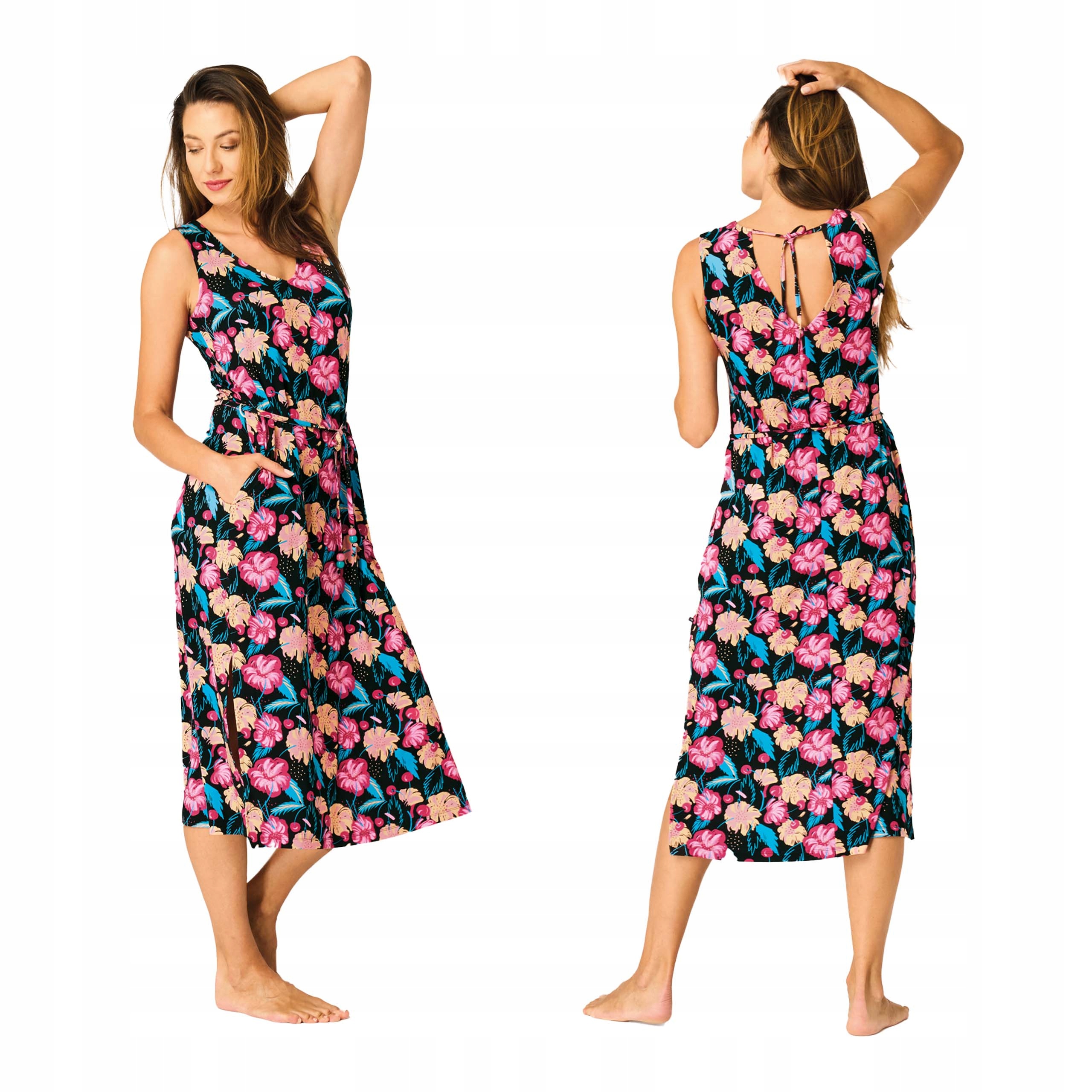 Šaty dámské midi šaty na ramínka s květinovým vzorem a kapsami, velikost L