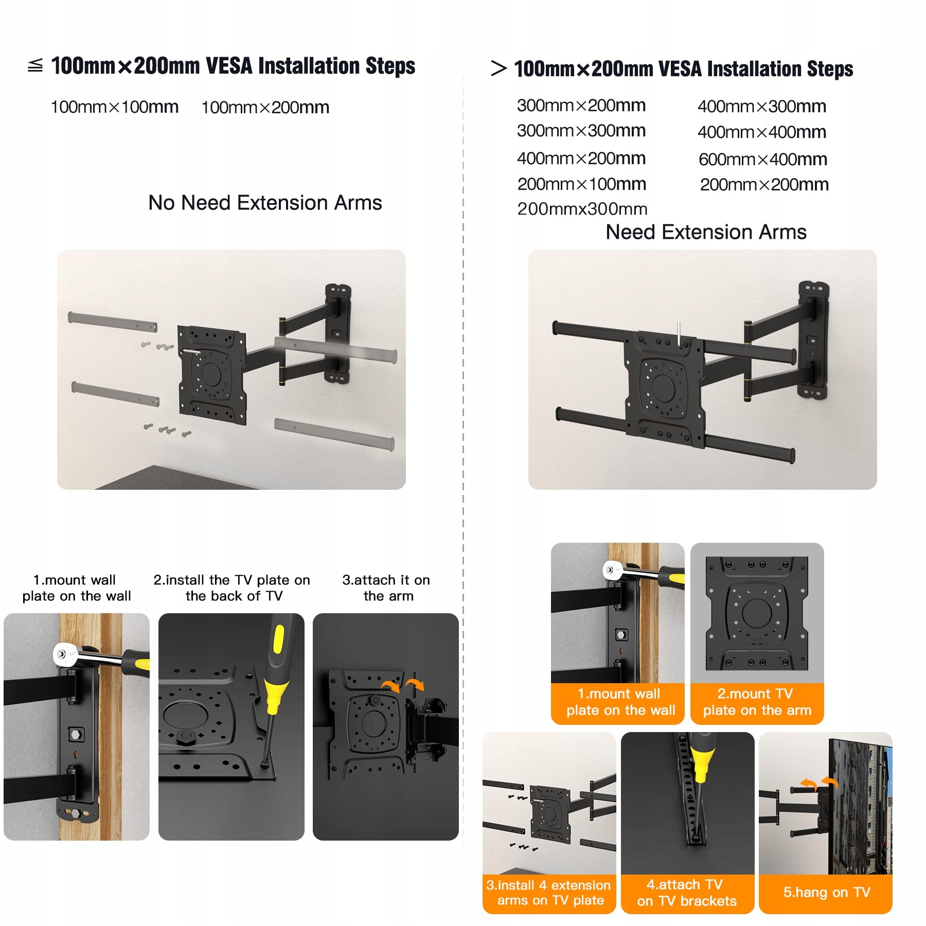 WHYFONE Uchwyt TV Ścienny 32-70 Cal Neigany Obrotowy Do 45kg VESA 600x400 — miniatura 6