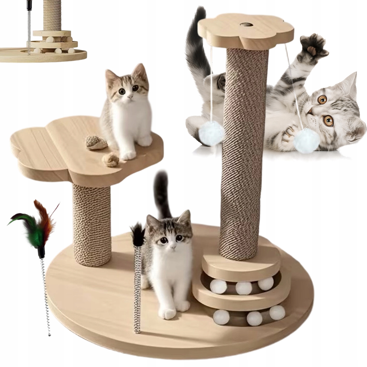 Levně Drapak Pro Kočky Set 4V1 Míčky Pírko Věž Sisalový Sloupek