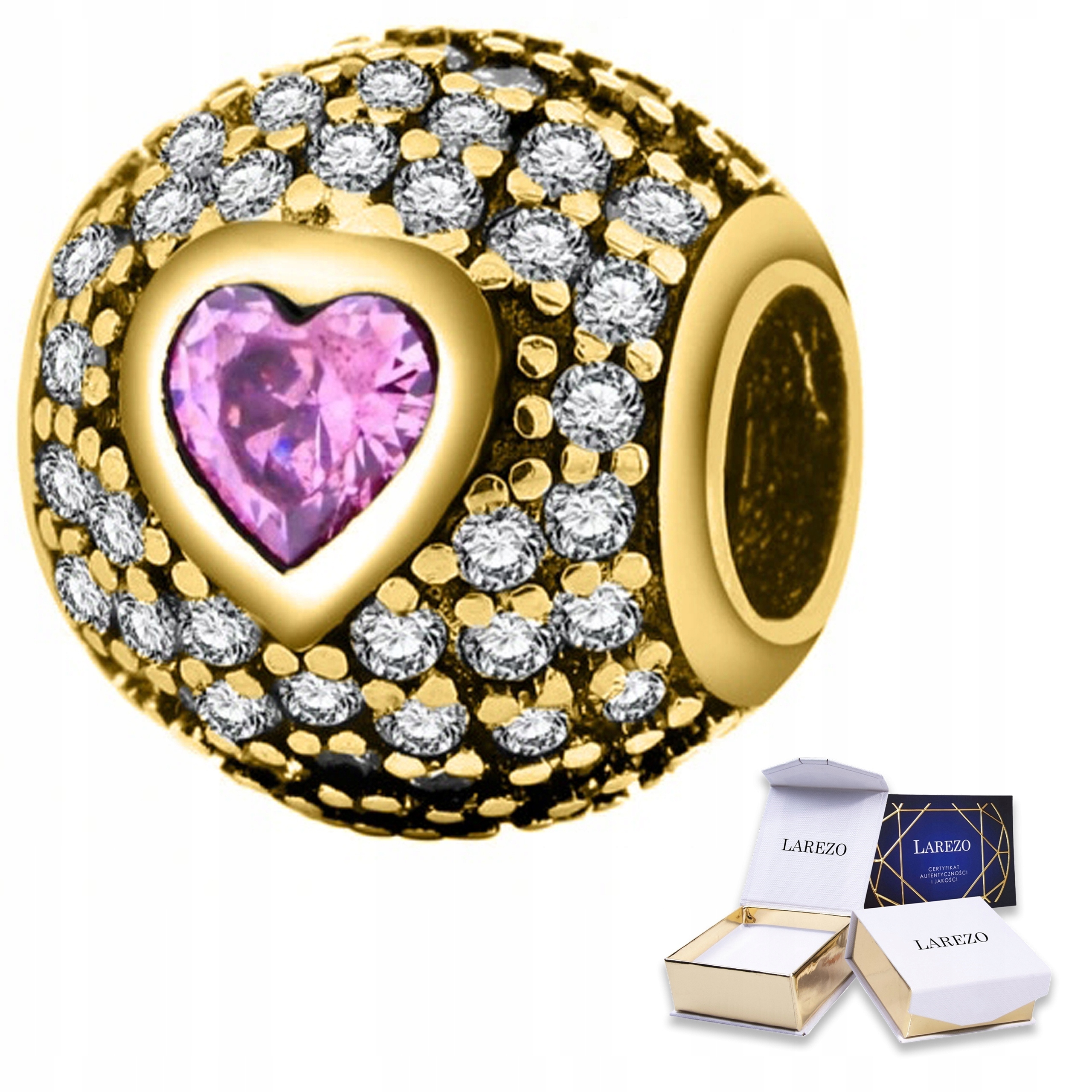 Charms Zlatý korálek se zirkony Růžové srdíčko Love Stříbro 925