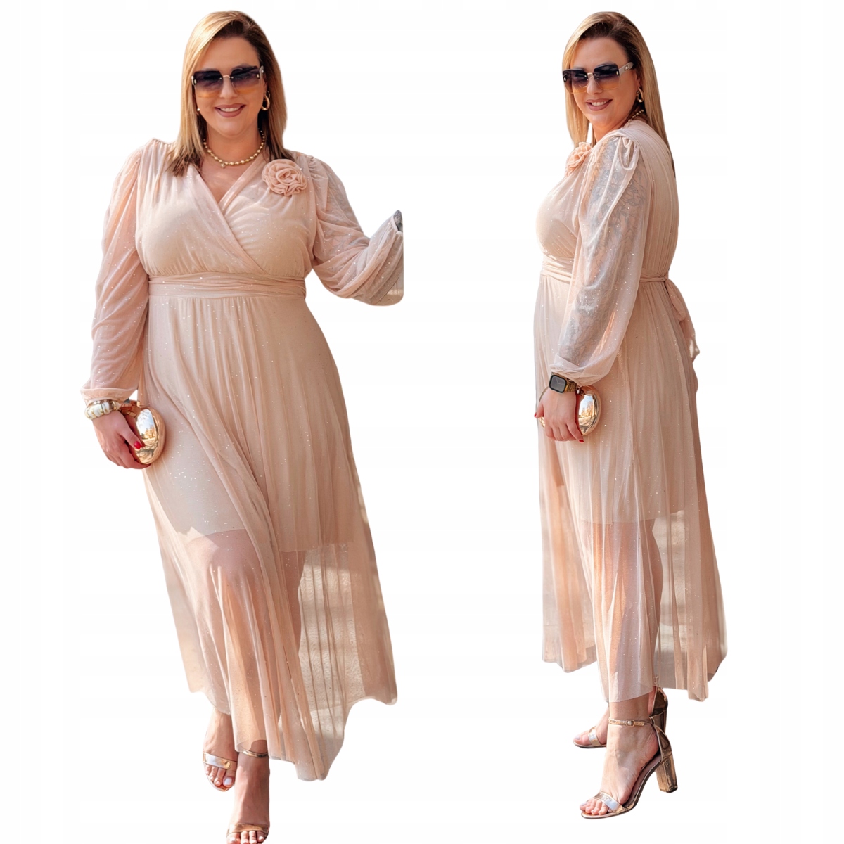 Šaty Maxi Velké velikosti Plus Size Dámská Cavaricci Brokátová Béžová