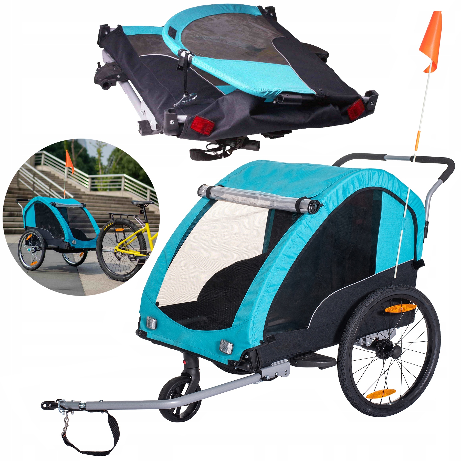 PROFEX PRZYCZEPKA ROWEROWA DO PRZEWOZU 2 DZIECI JOGGER 2w1 SKŁADANA LED 20'