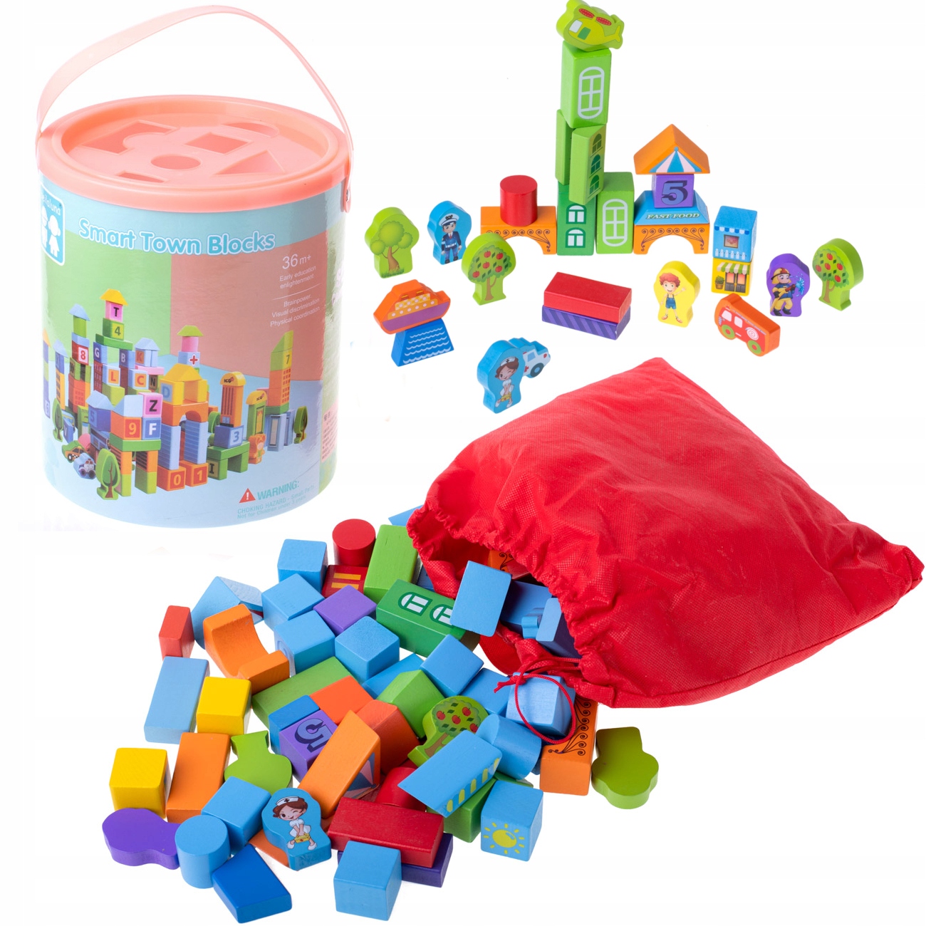 KLOCKI DREWNIANE Edukacyjne 100SZT Wiaderko Sorter