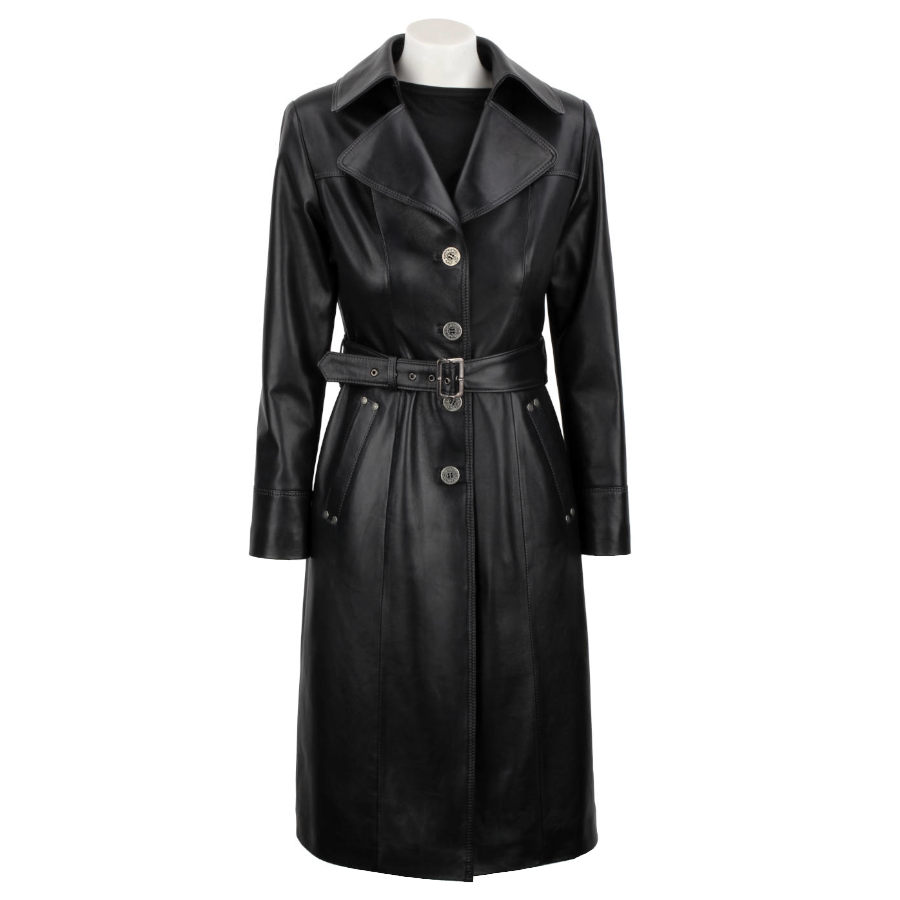 Čierny Dámsky kožený kabát klasický s remienkom DORJAN KRN450 XS