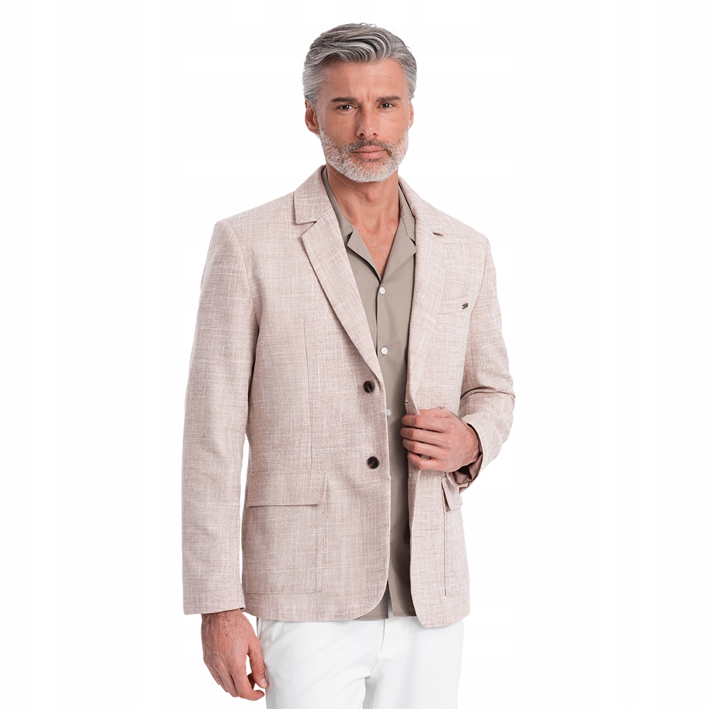 Pánské sako střihu Regular s lnem světle béžové V2 OM-BLZB-0128 L