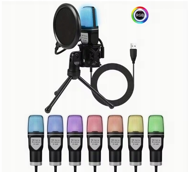 Počítačový mikrofon Usb Rgb Stativ Pop Filtr pro nahrávání Gaming Podcast