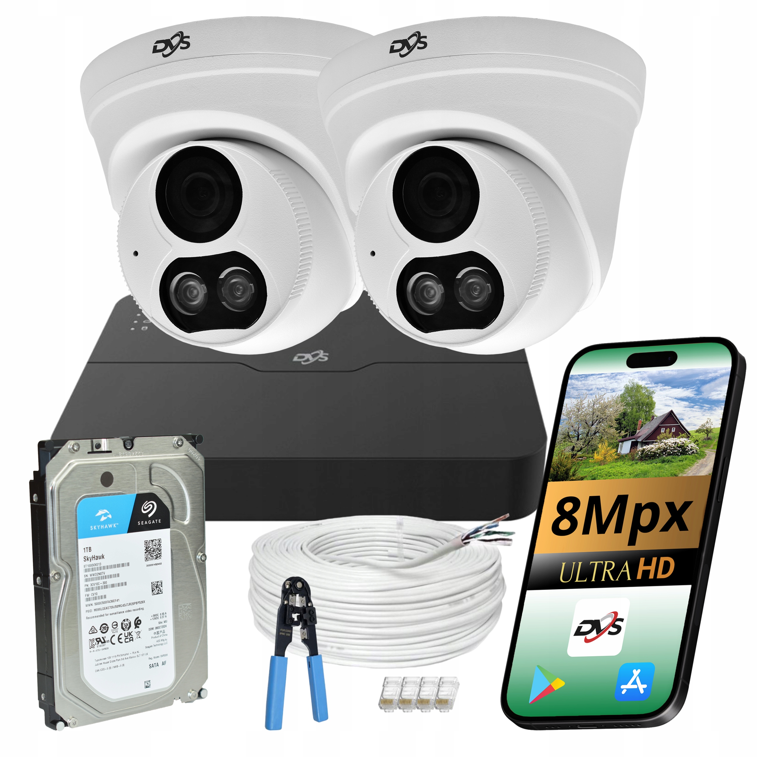 Monitorování Domu Set Dvs 2x Tubová Ip Kamera 8MPX Poe Disk 1TB Venkovní