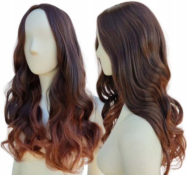 Paruka hnědá kudrnaté vlny s světlejšími konečky, přirozený vzhled sombre